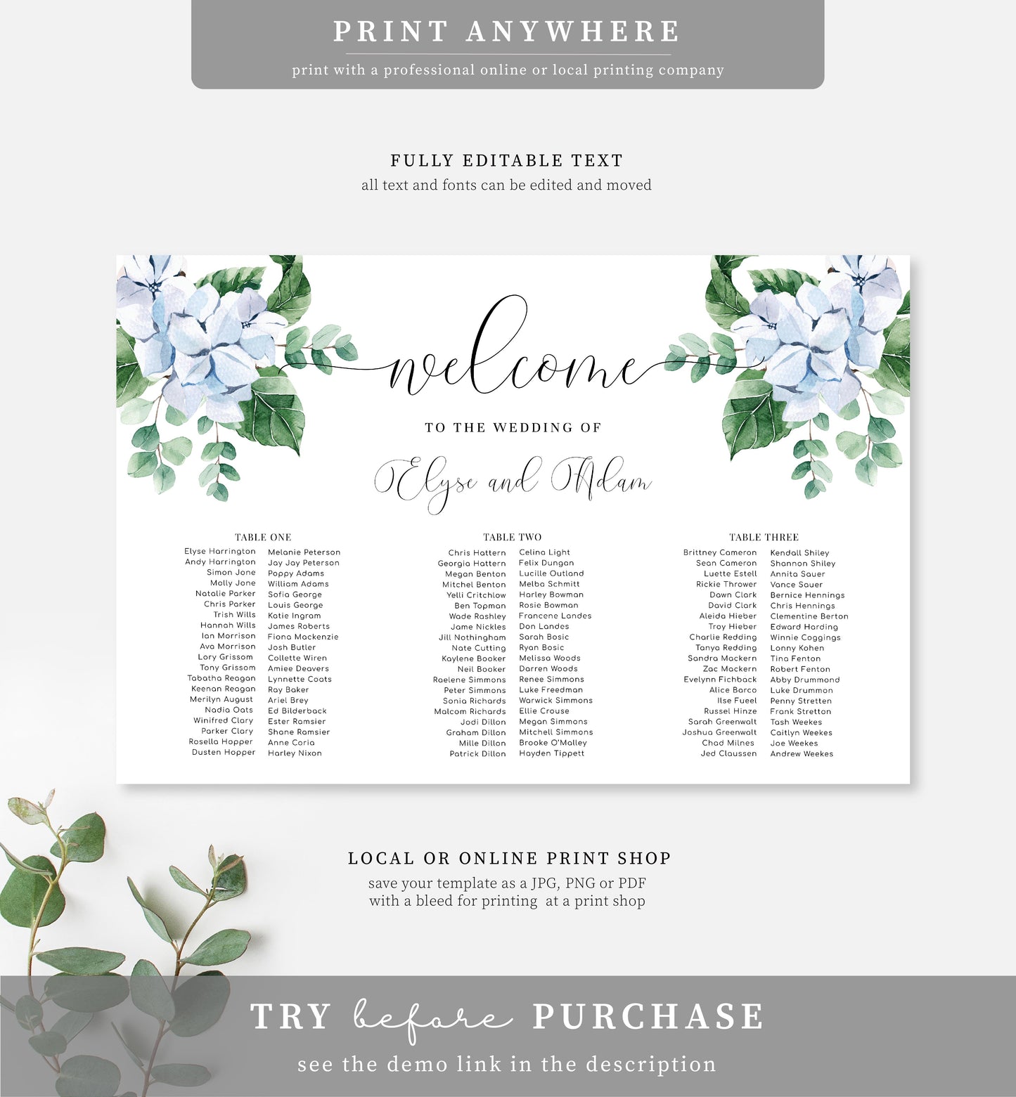 Ferras Blossom Blue | Printable Banquet Table Seating Chart