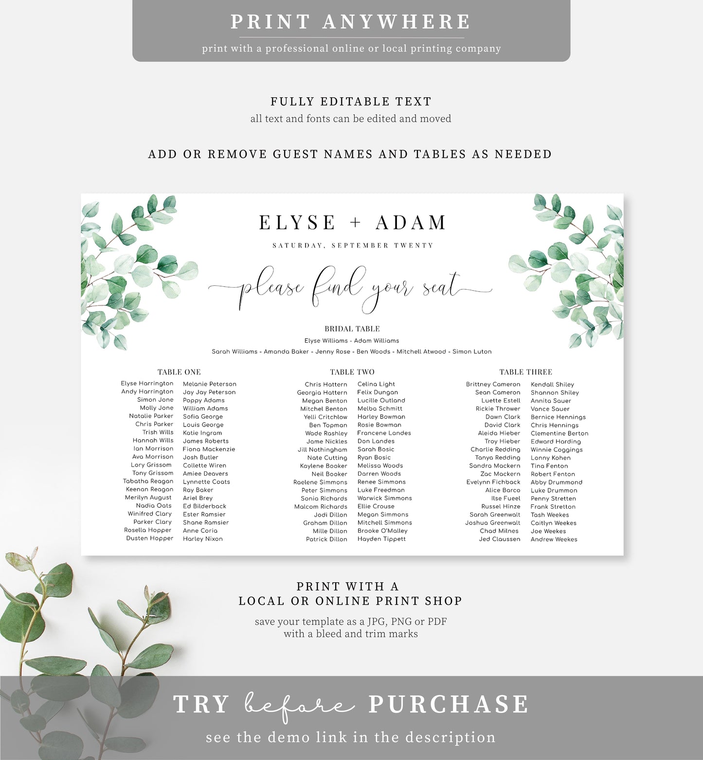 Ferras Blossom Green | Printable Banquet Table Seating Chart Template
