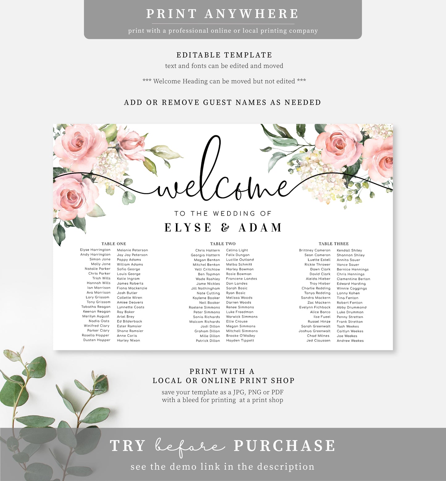 Darcy Floral Pink | Printable Banquet Tables Seating Chart Template