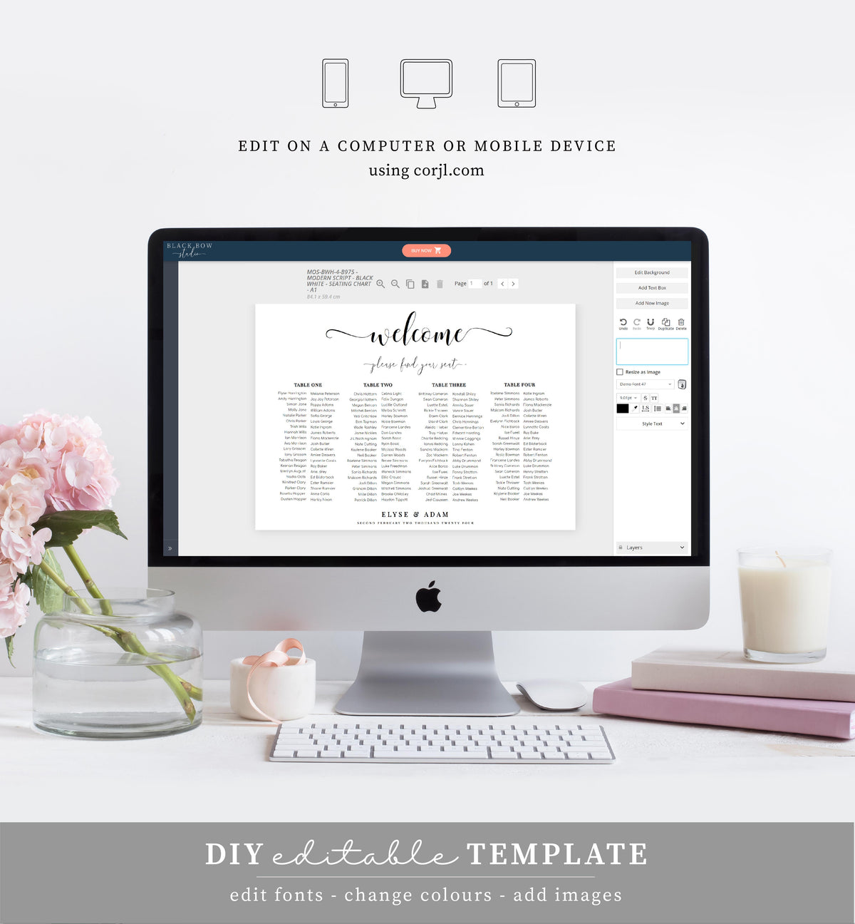Leyton Script | Printable Seating Chart 4 Long Tables Template – Black ...