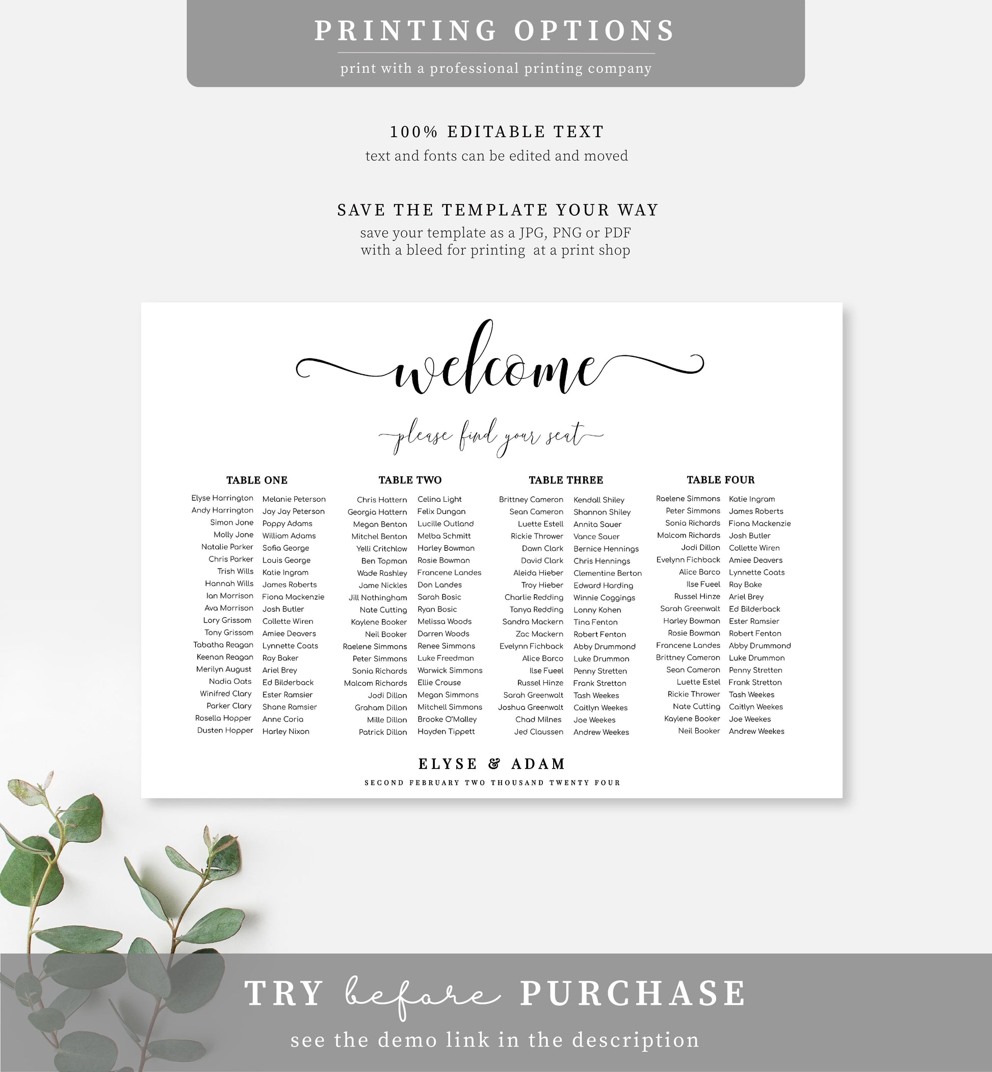 Leyton Script | Printable Seating Chart - Long Tables - Black Bow Studio