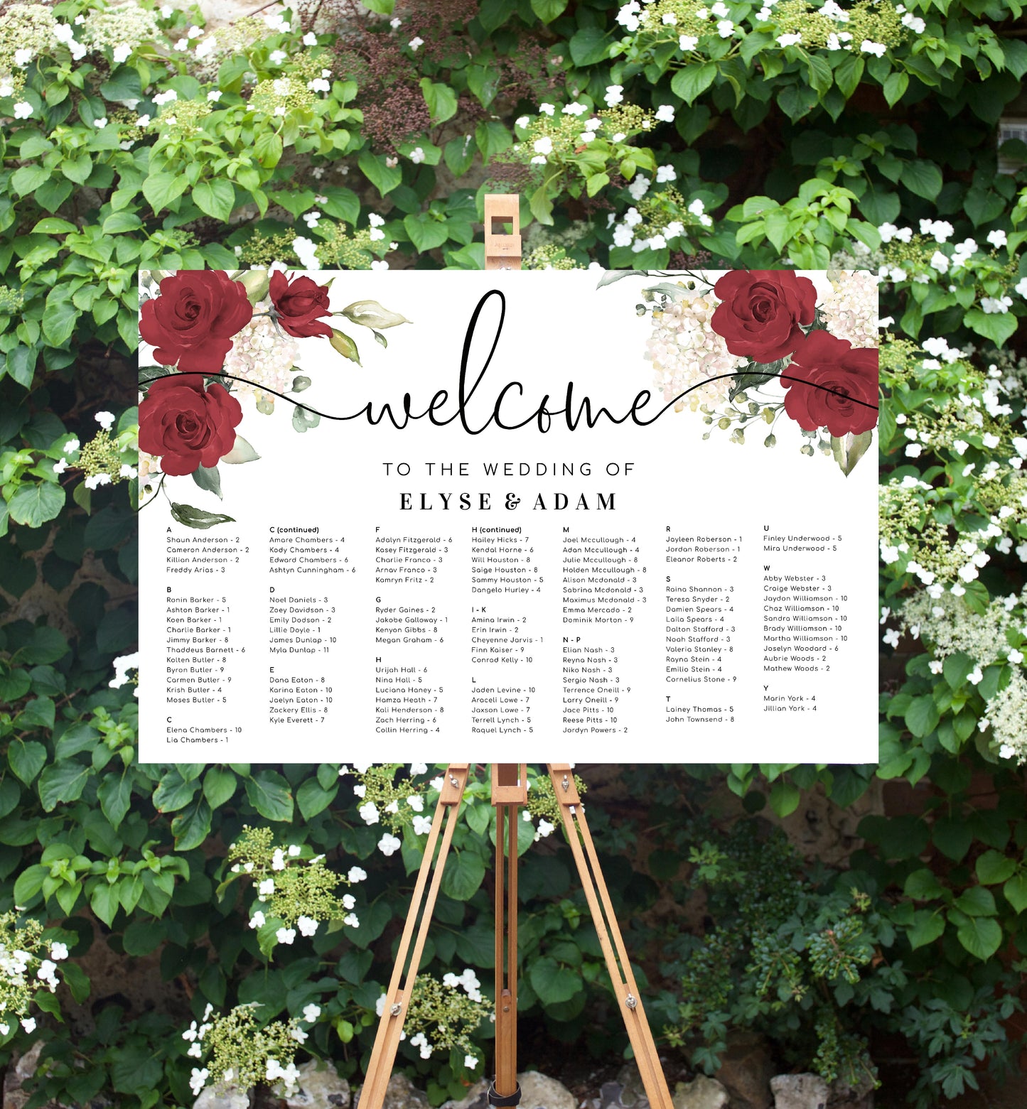 Darcy Floral Red | Printable Seating Chart - Alphabetical
