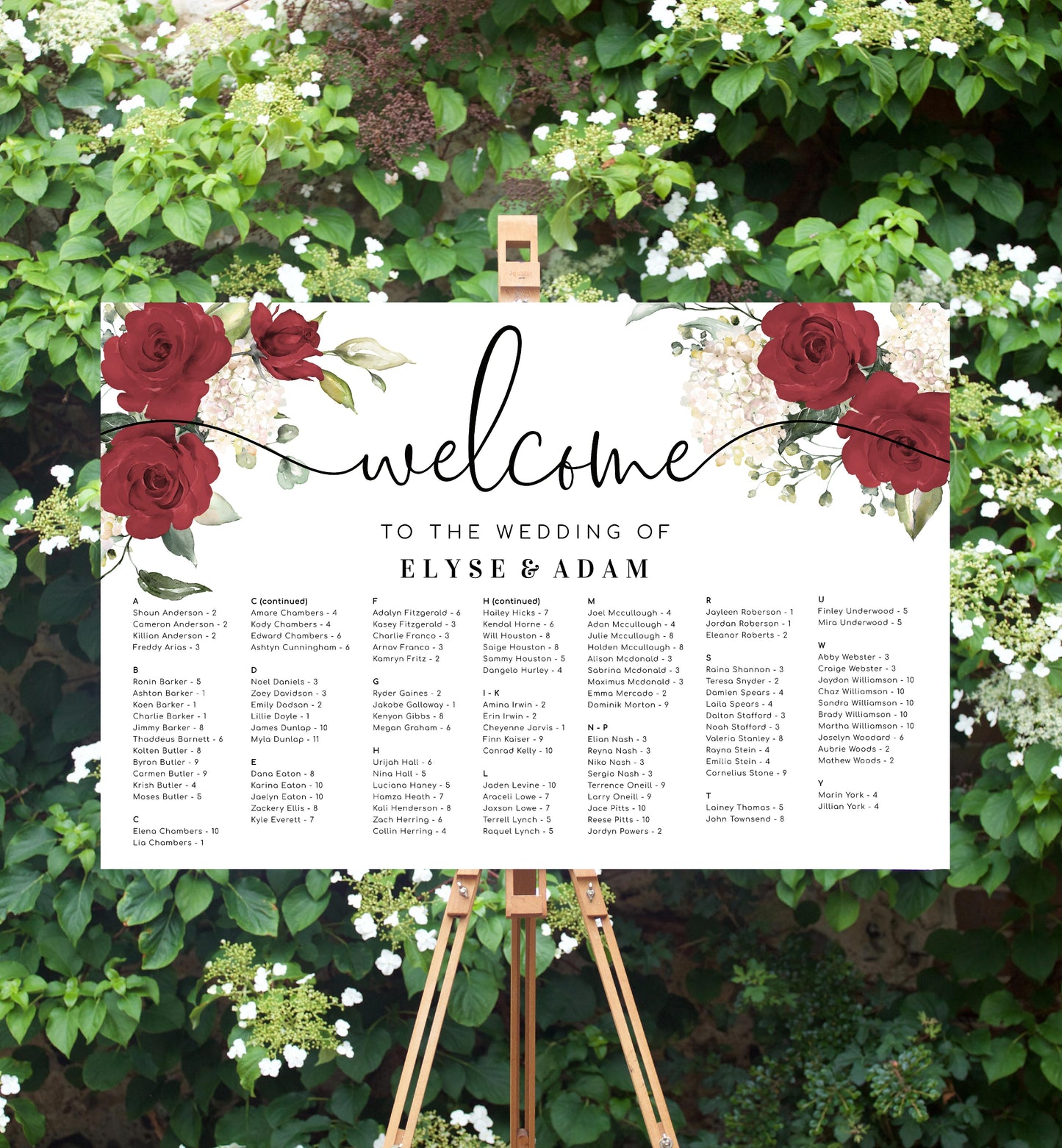 Darcy Floral Red | Printable Seating Chart - Alphabetical