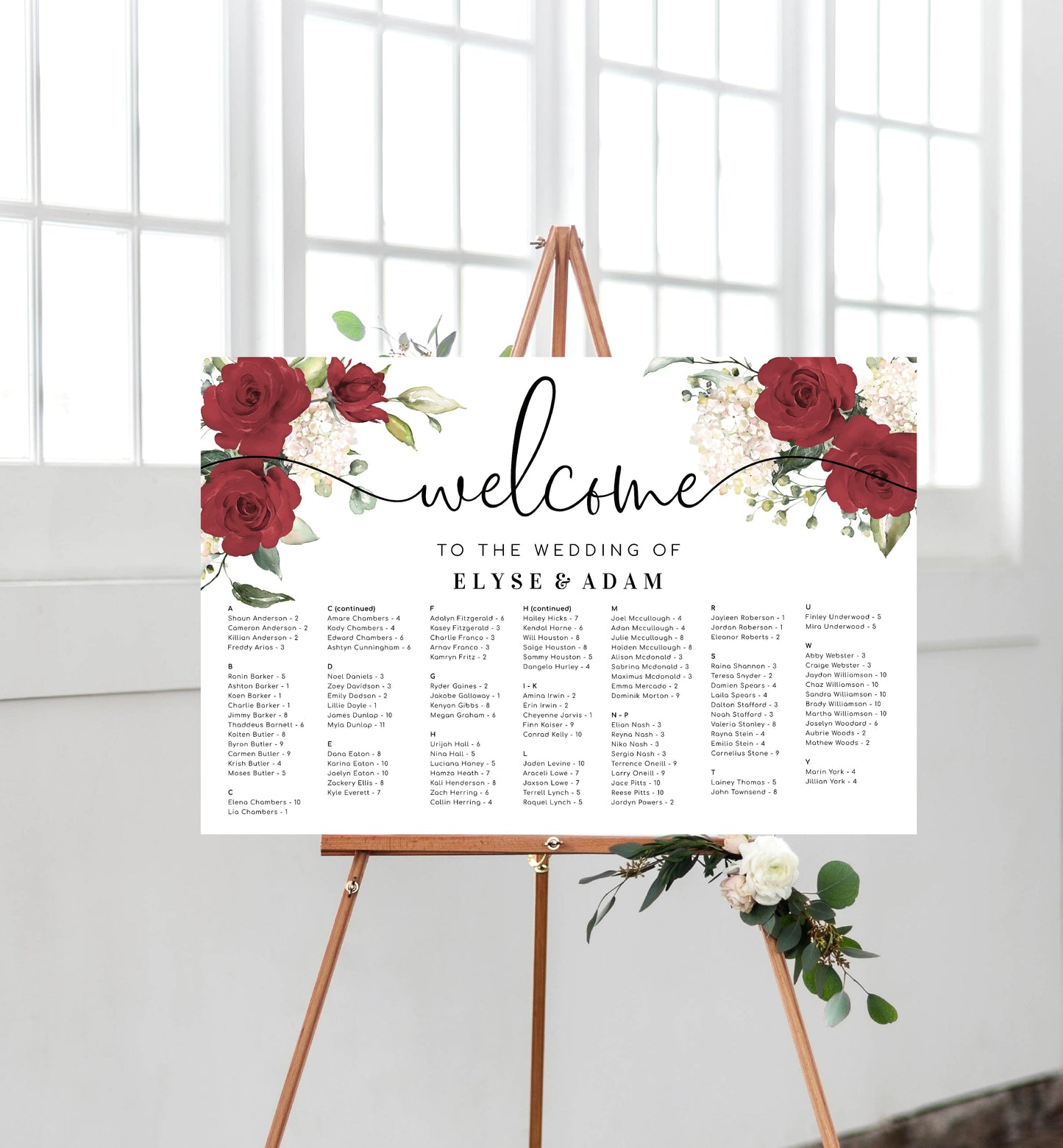 Darcy Floral Red | Printable Seating Chart - Alphabetical