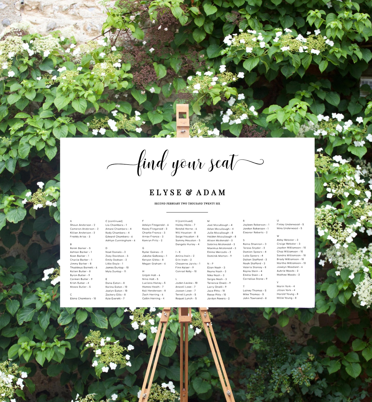 Leyton Script | Printable Seating Chart - Alphabetical - Template