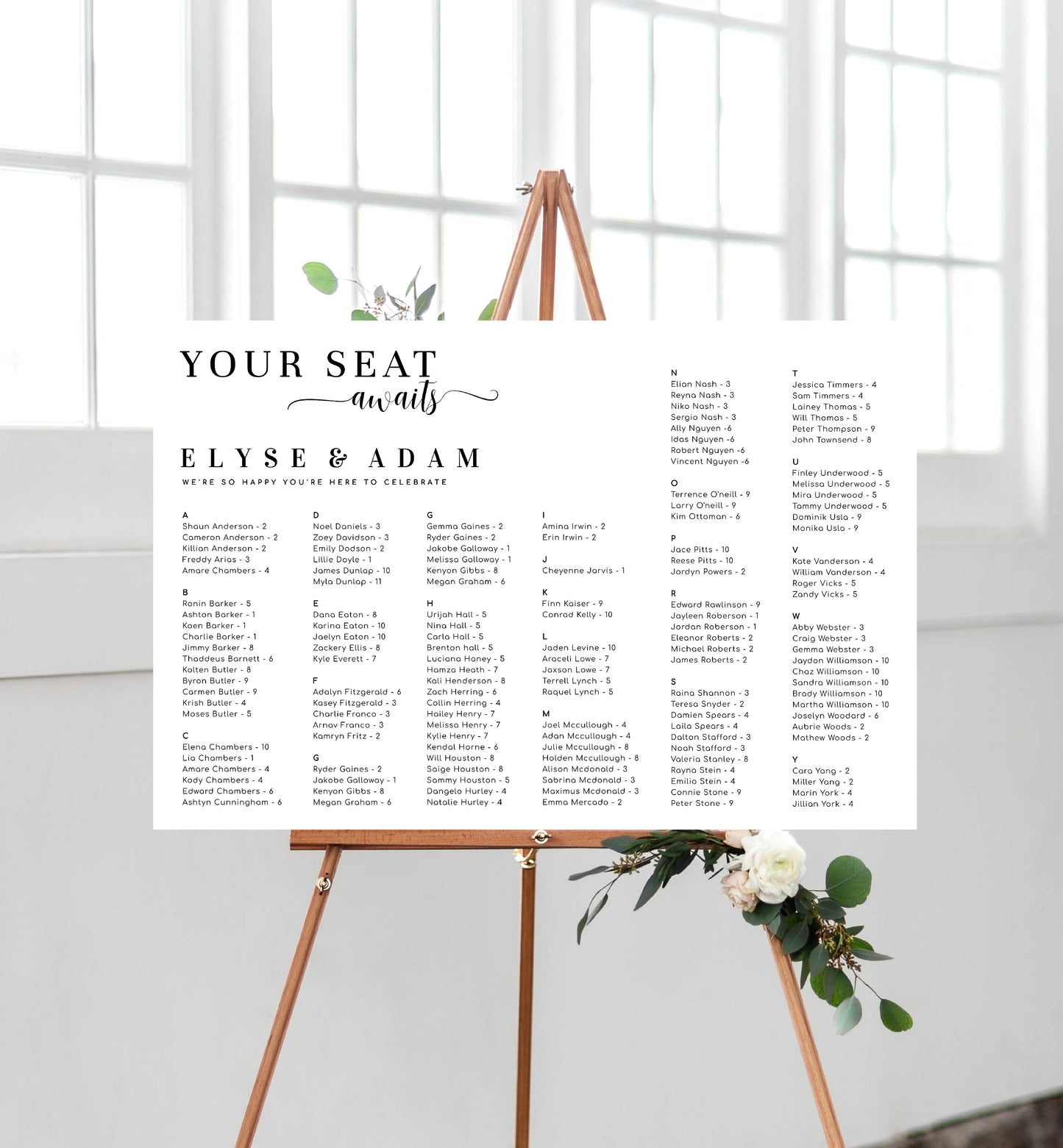 Leyton Script White | Printable Your Seat Awaits Seating Chart - Alphabetical
