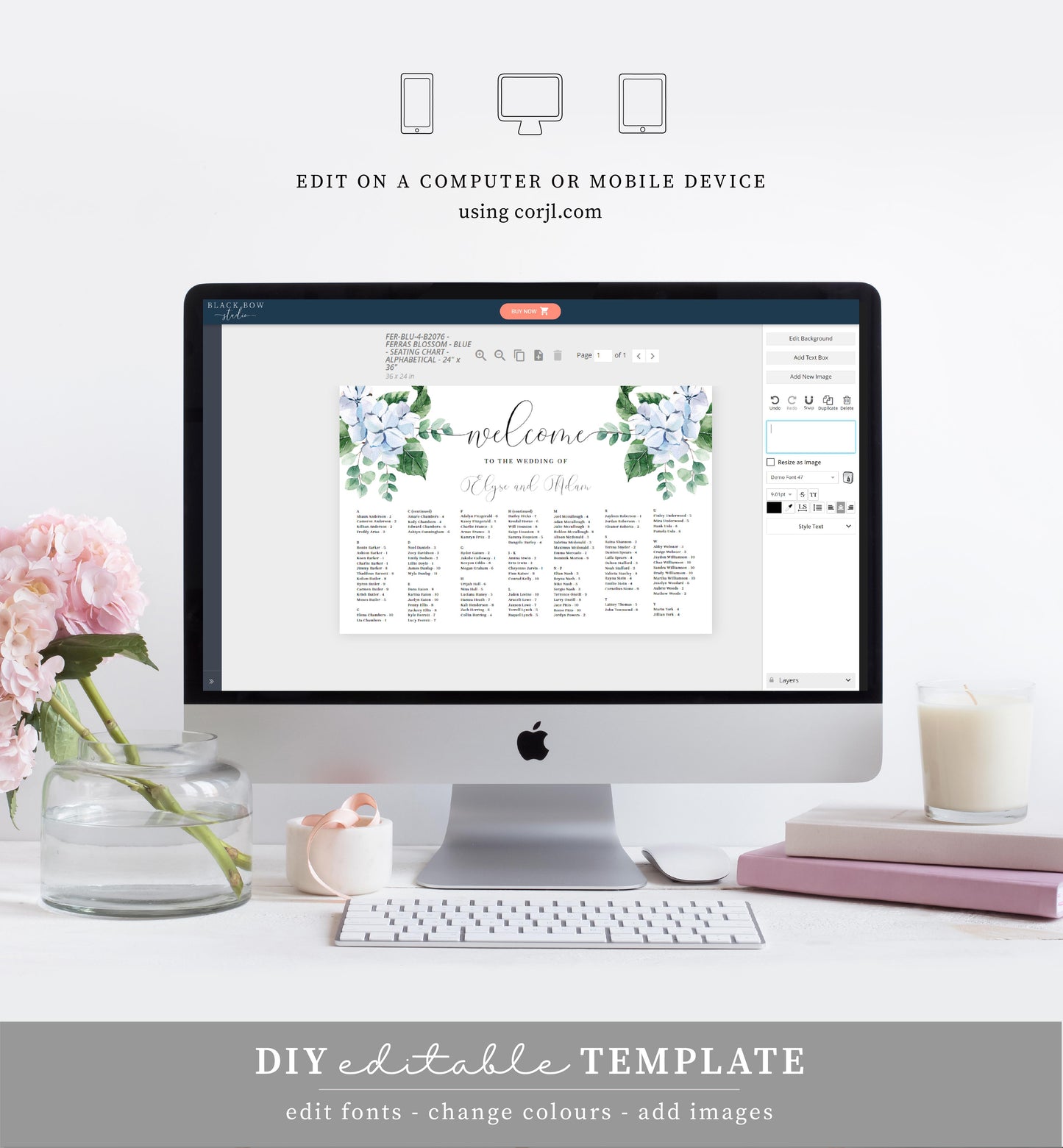Ferras Blossom Blue | Printable Alphabetical Seating Chart Template
