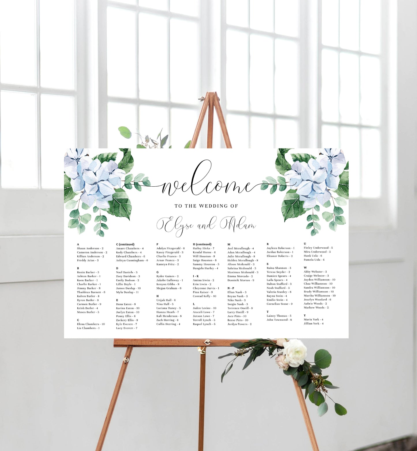 Ferras Blossom Blue | Printable Alphabetical Seating Chart Template