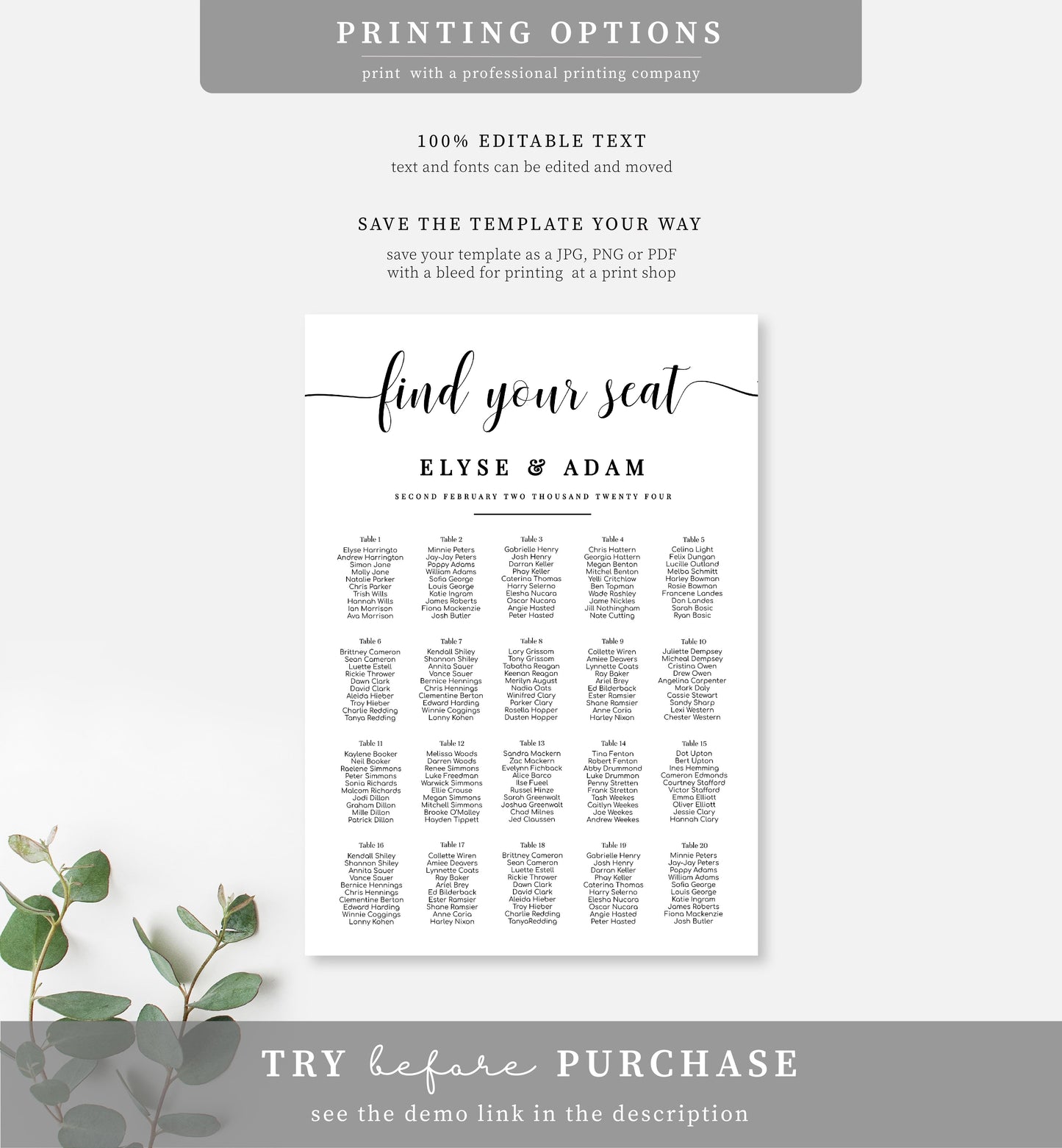 Leyton Script | Printable Seating Chart - Black Bow Studio