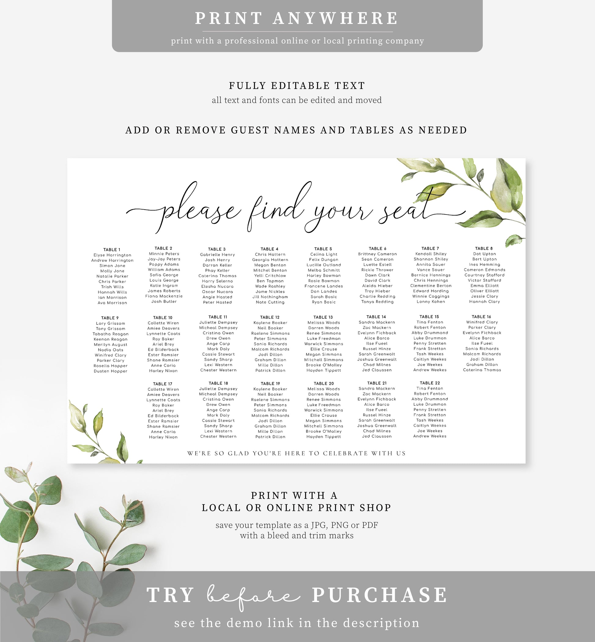 Darcy Greenery Printable Seating Chart Template Black Bow Studio