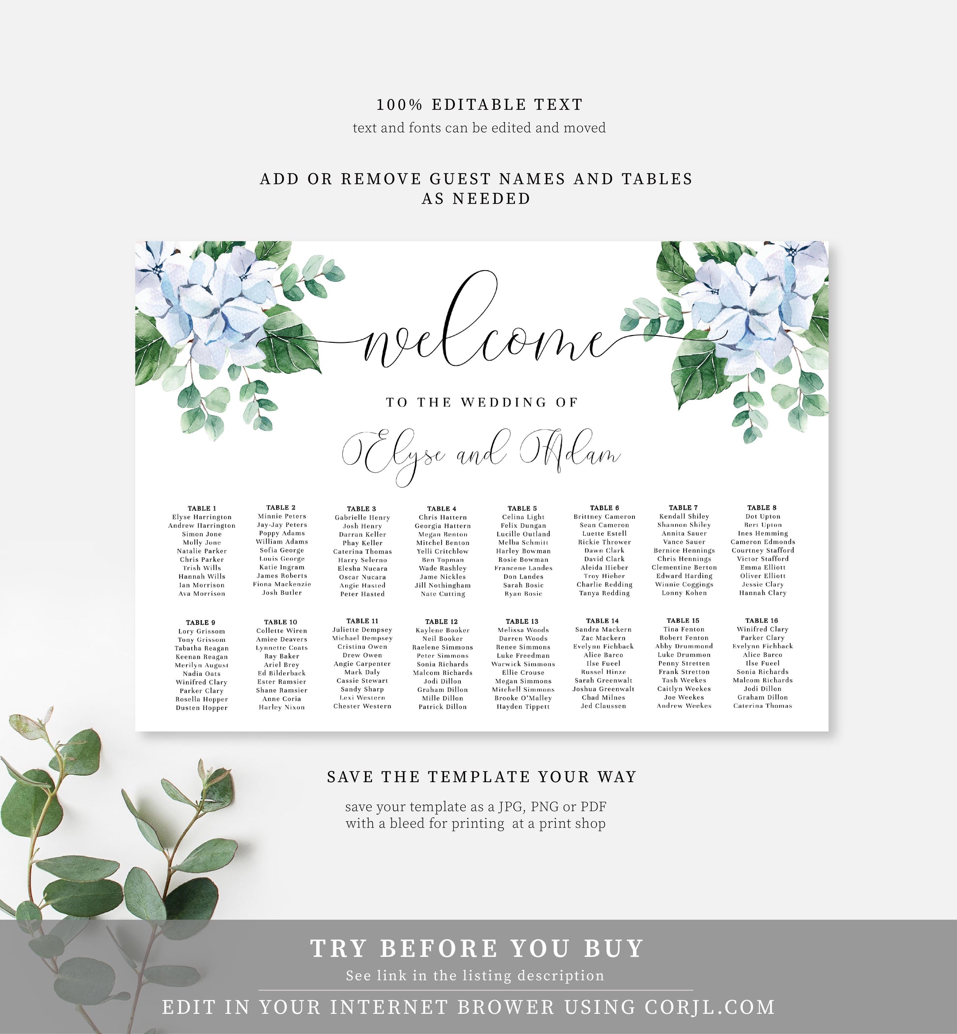 Ferras Blossom Blue | Printable Seating Chart - Black Bow Studio