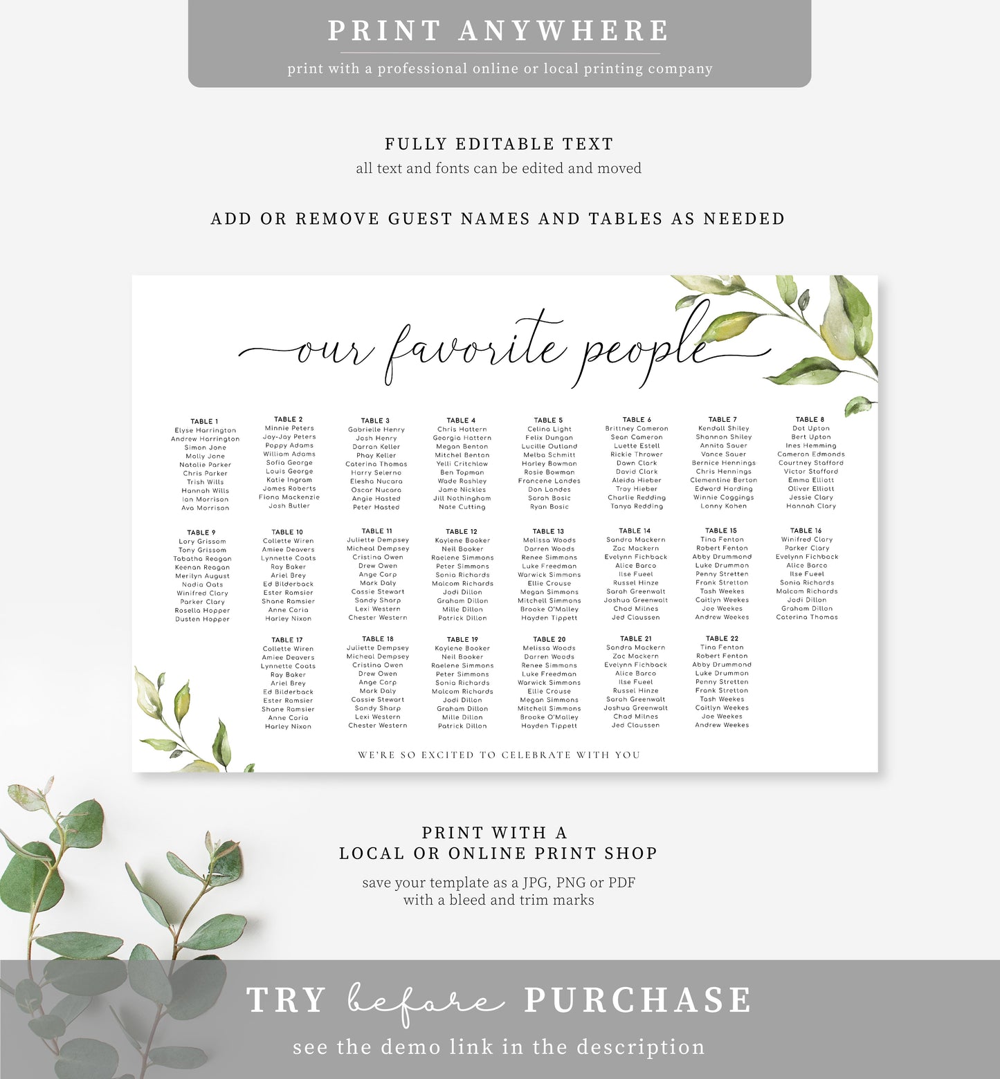 Darcy Greenery | Printable Seating Chart Template