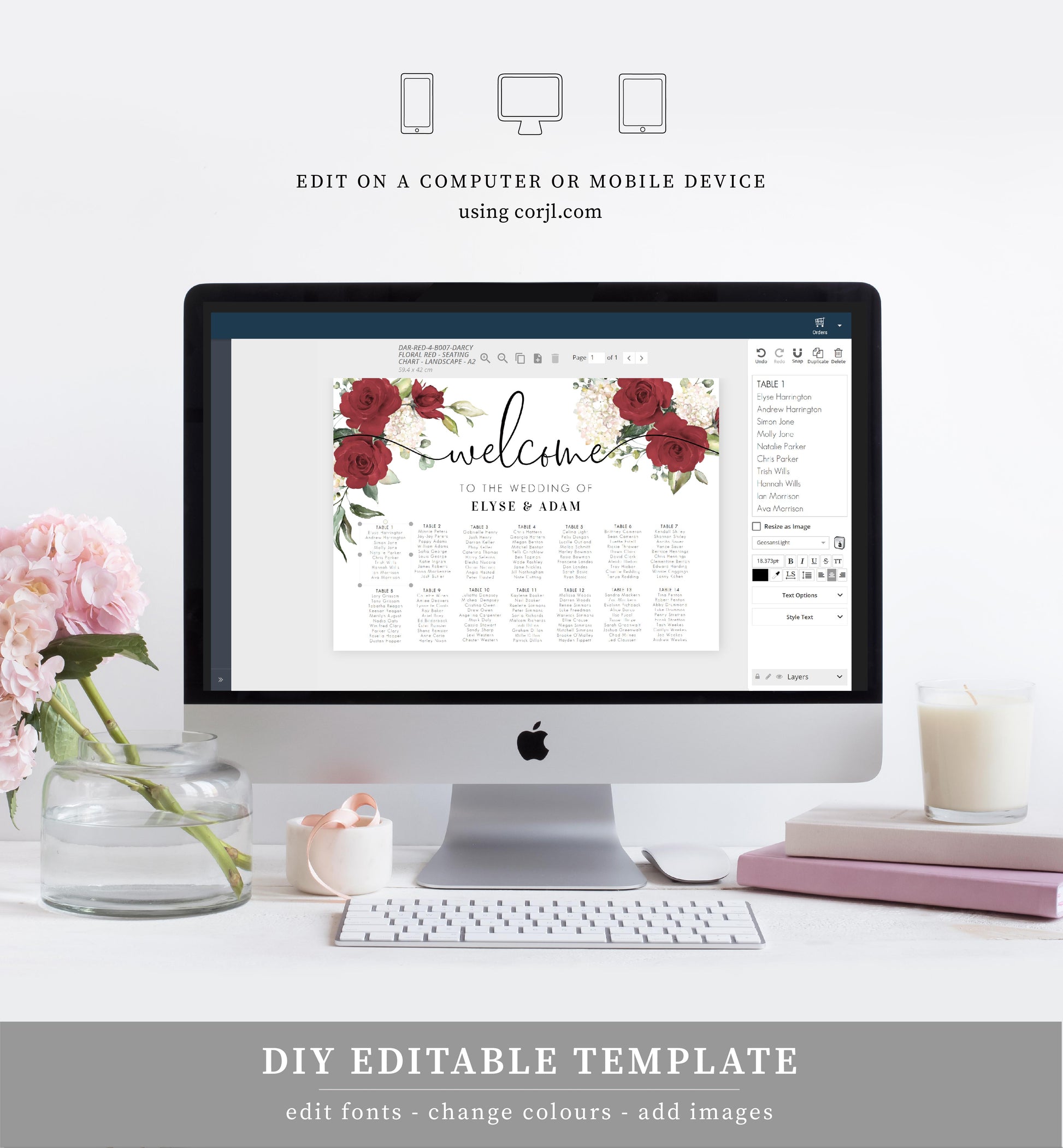 Darcy Floral Red | Printable Seating Chart - Black Bow Studio