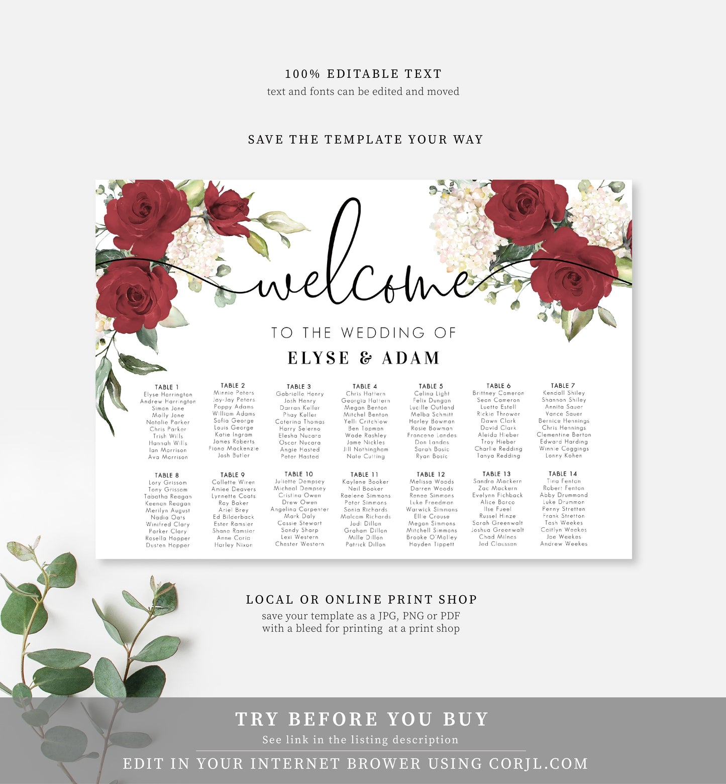Darcy Floral Red | Printable Seating Chart - Black Bow Studio