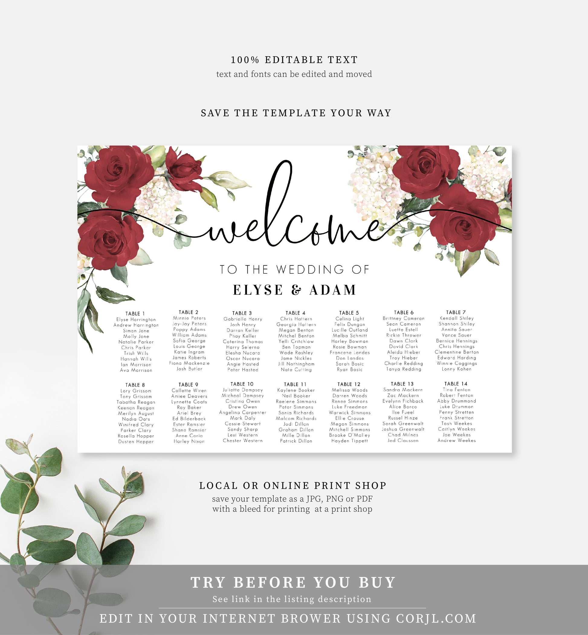 Darcy Floral Red | Printable Seating Chart - Black Bow Studio