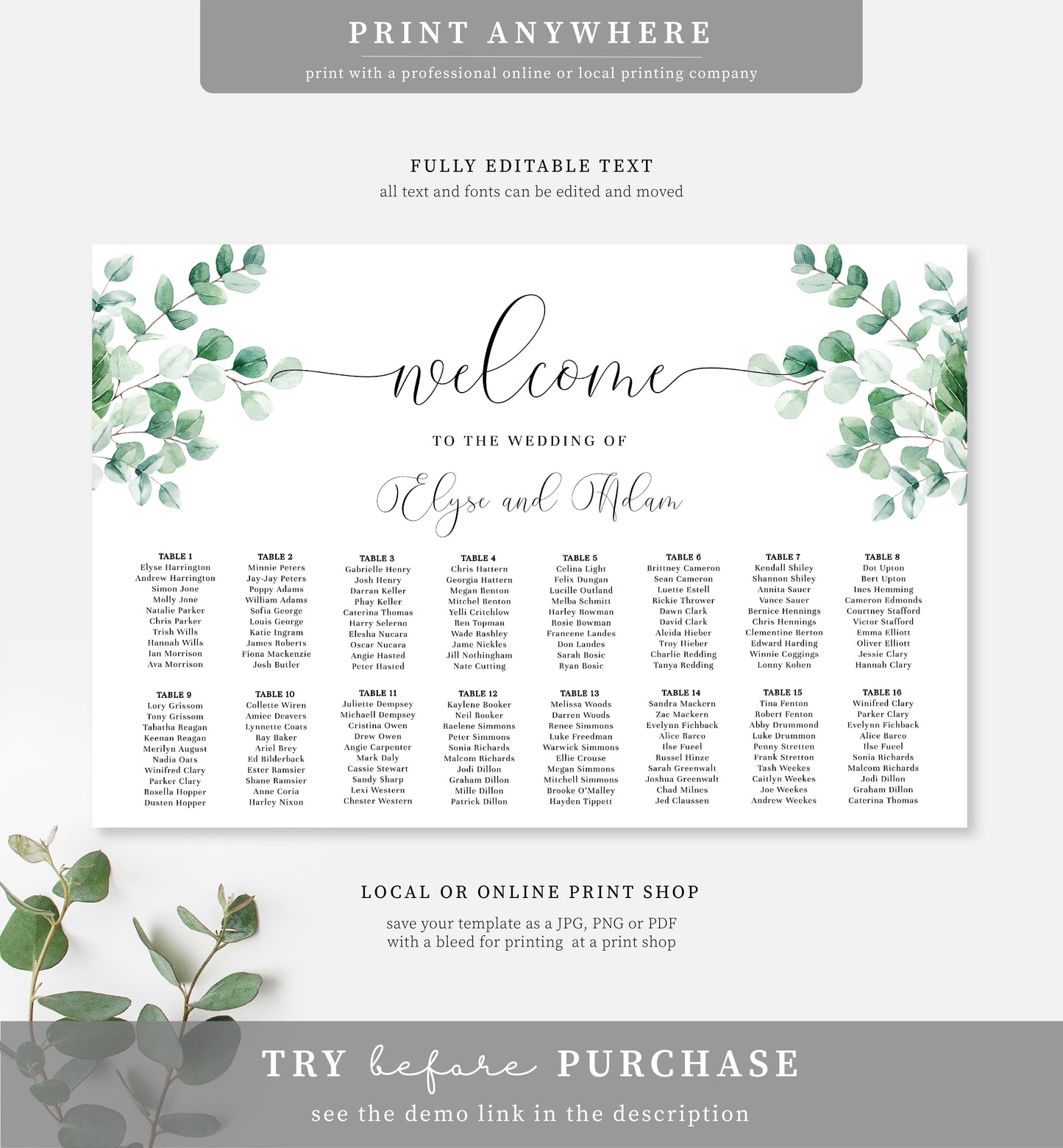 Ferras Blossom Greenery | Printable Seating Chart Template