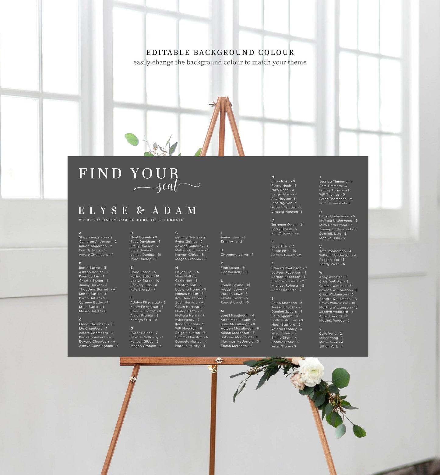 Leyton Script White | Printable Find Your Seat Seating Chart - Alphabetical