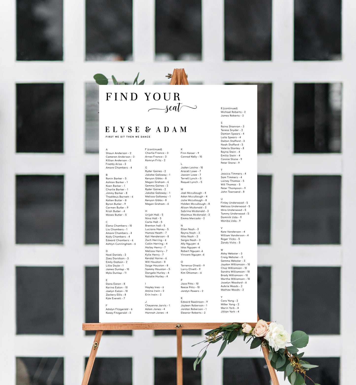 Leyton Script White | Printable Find Your Seat Seating Chart - Alphabetical
