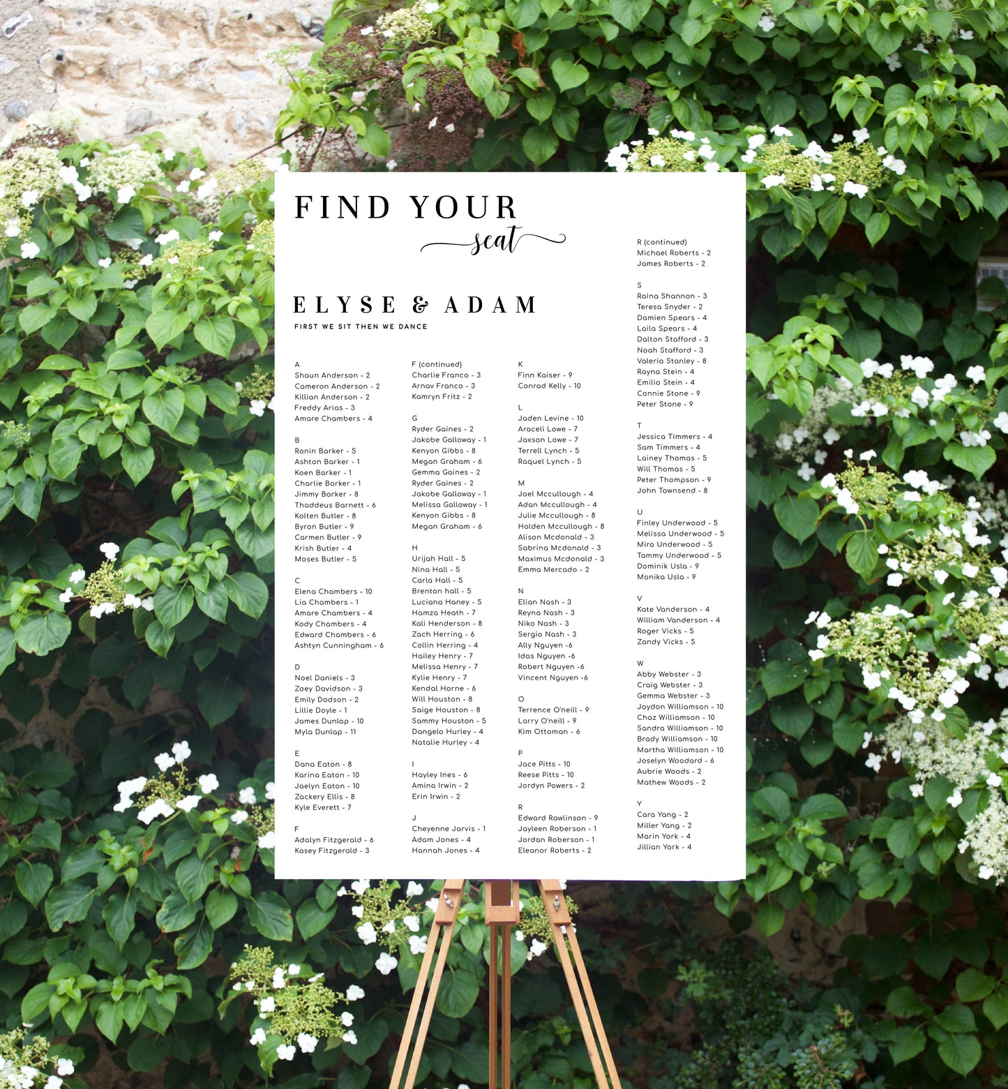 Leyton Script White | Printable Find Your Seat Seating Chart - Alphabetical