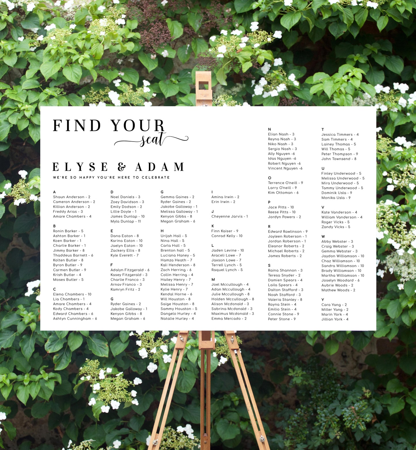 Leyton Script White | Printable Find Your Seat Seating Chart - Alphabetical