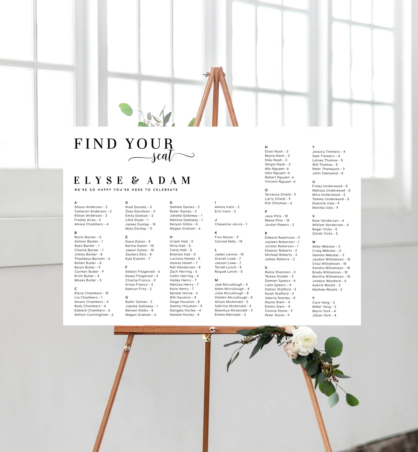 Leyton Script White | Printable Find Your Seat Seating Chart - Alphabetical