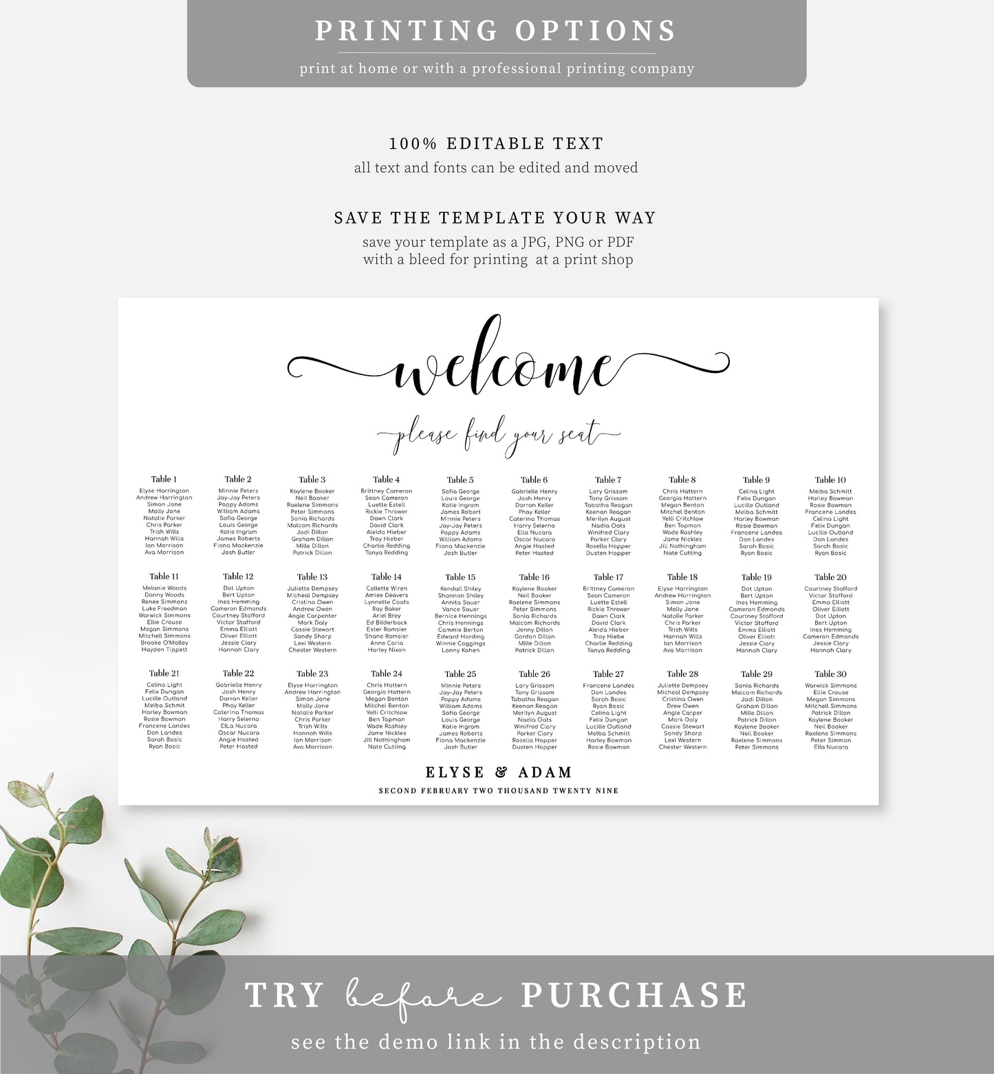 Leyton Script | Printable Seating Chart Template