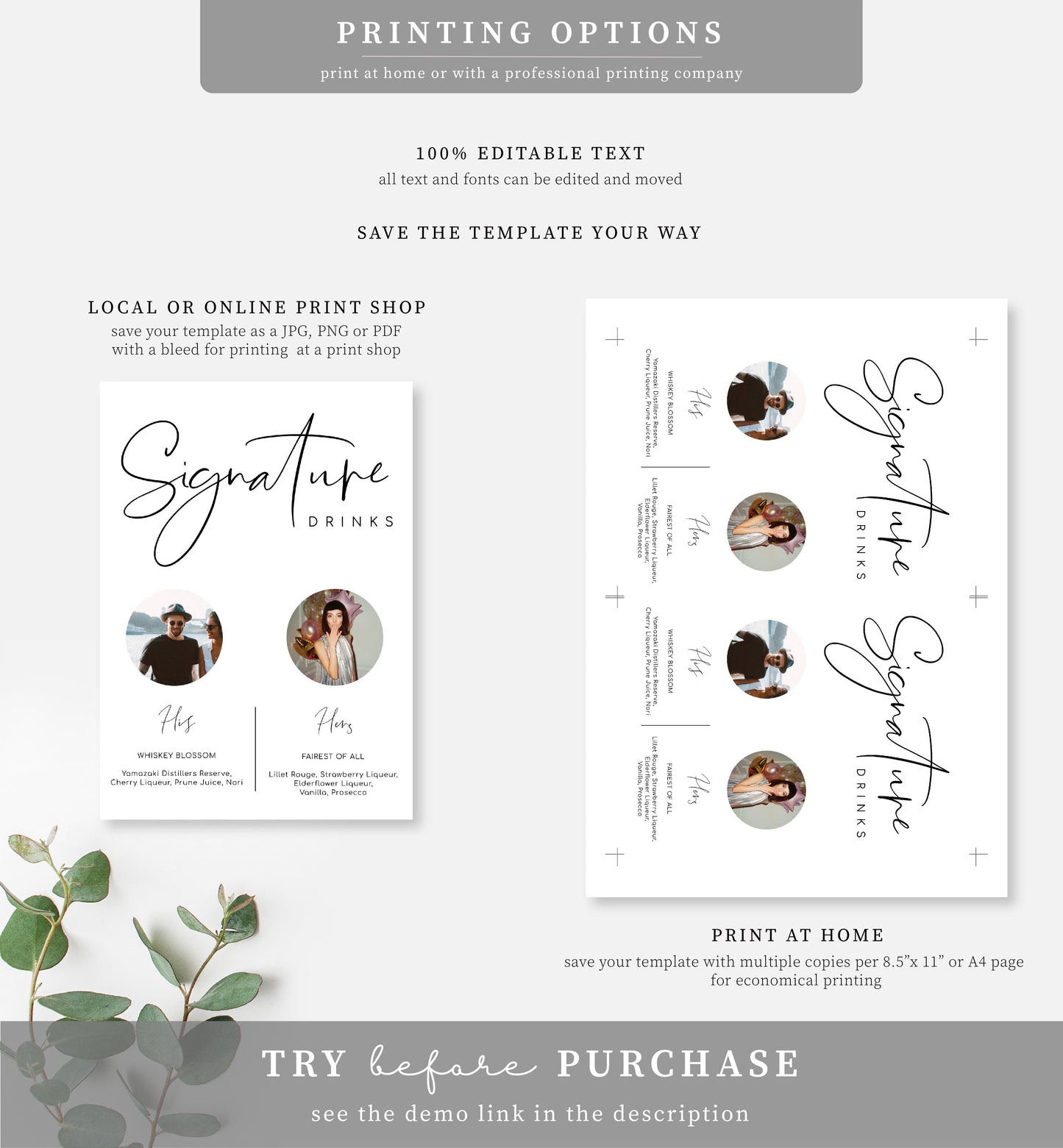 Gigi Script | Printable Signature Drinks Menu Template