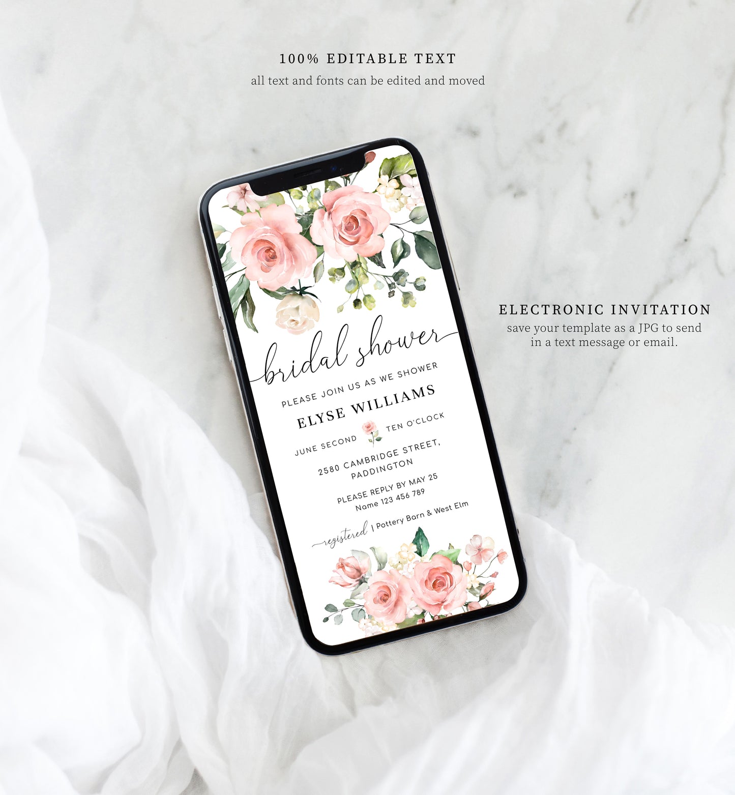 Darcy Floral Pink | Smartphone Bridal Shower Invitation - Black Bow Studio