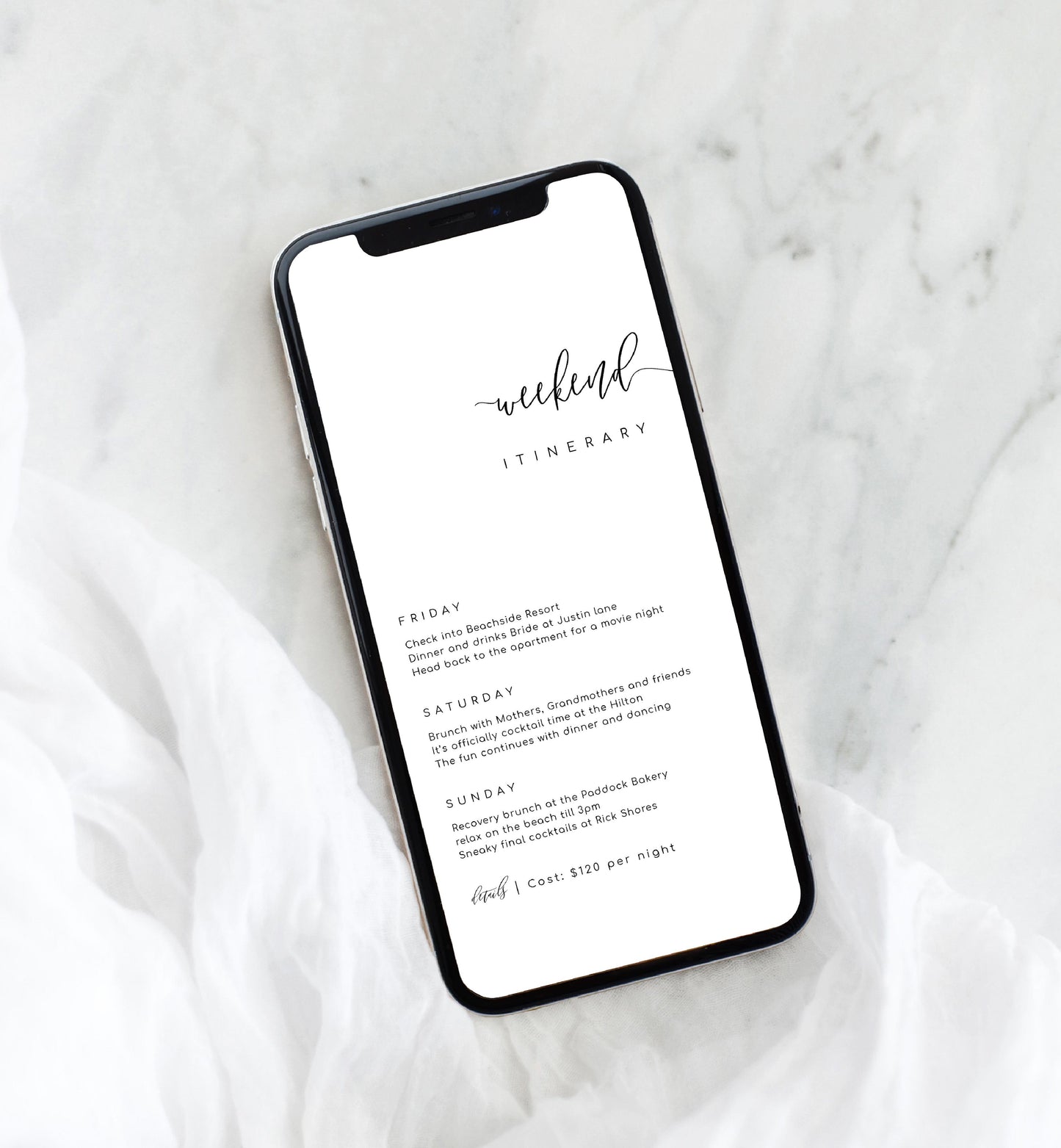 Lucas Script White | Smartphone Itinerary