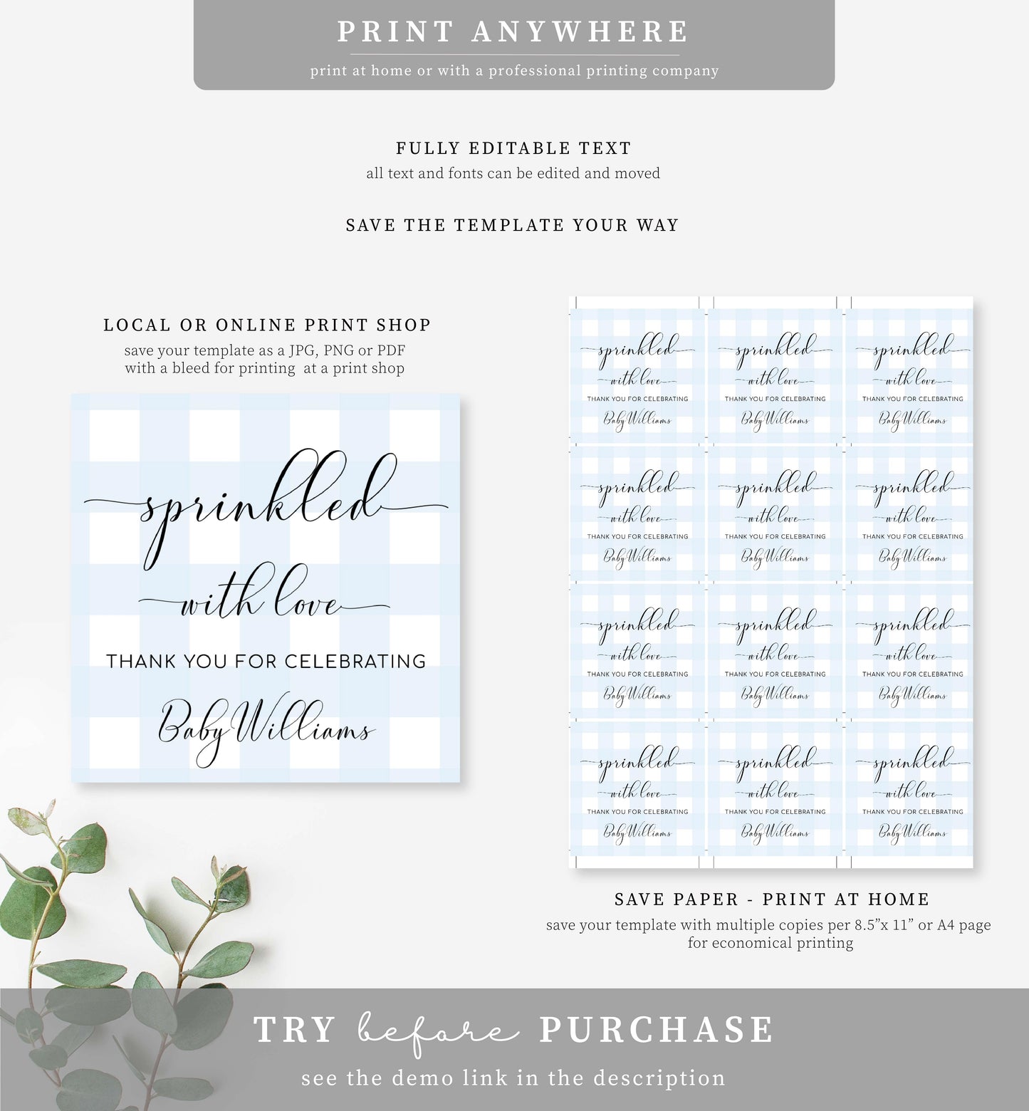 Gingham Blue | Printable Sprinkled With Love Favour Tag Template