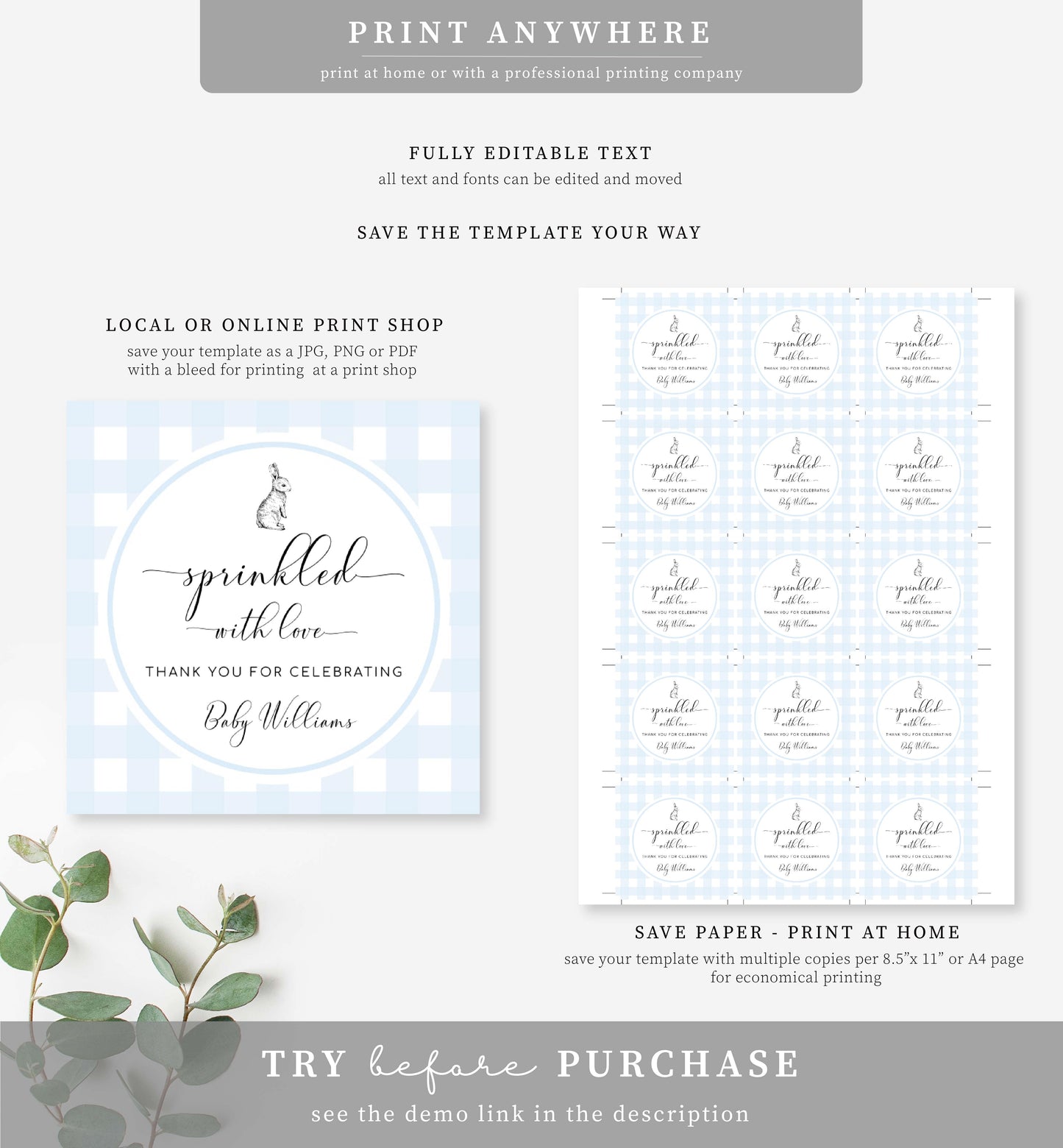Gingham Blue Bunny | Printable Sprinkled With Love Favour Tag Template