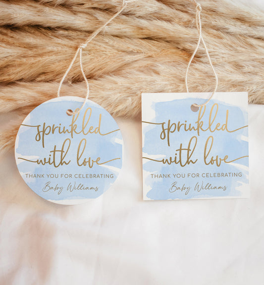 Watercolour Blue Gold | Printable Sprinkled With Love Favour Tag Template