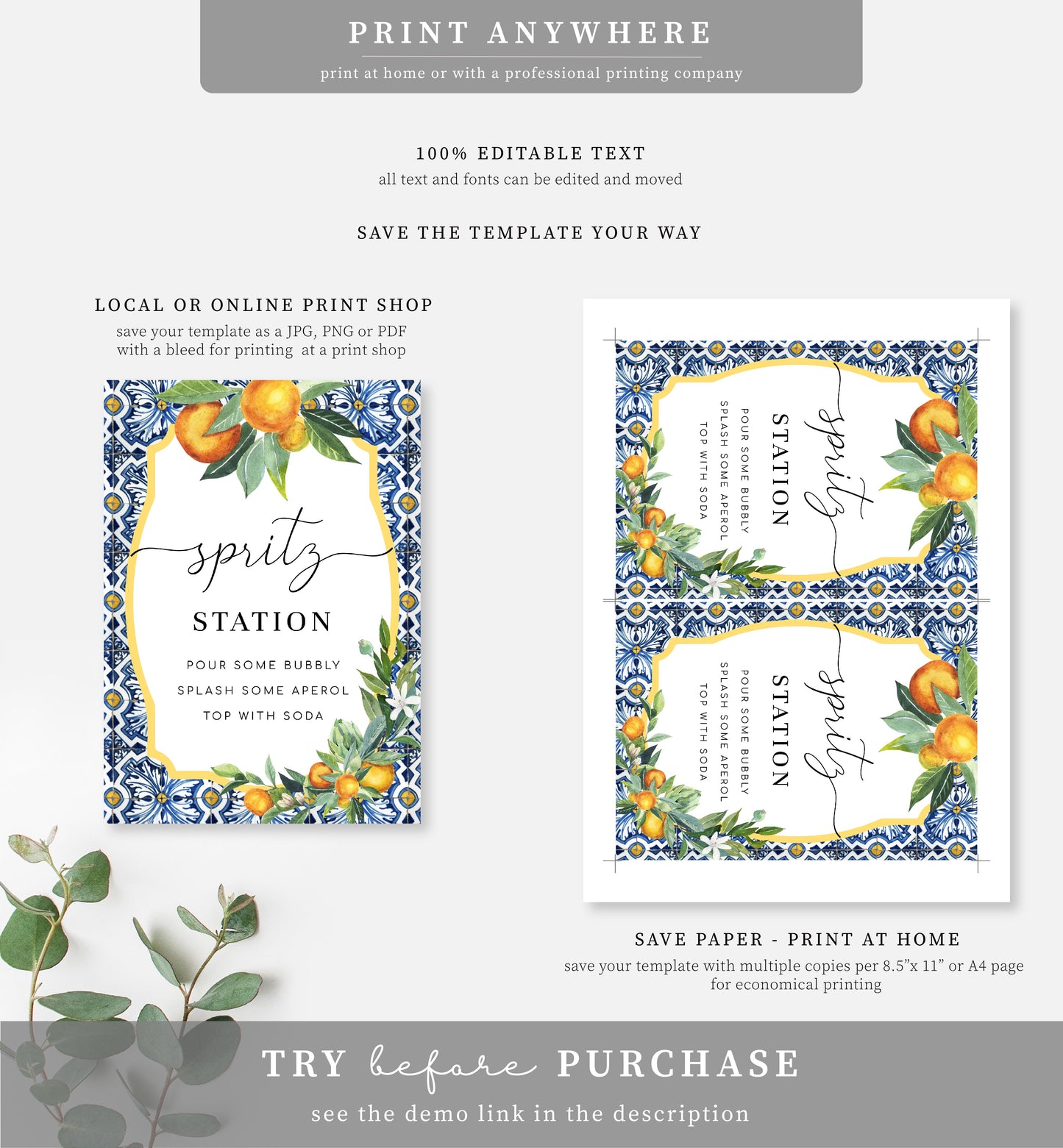 Positano Oranges | Printable Spritz Station Sign Template