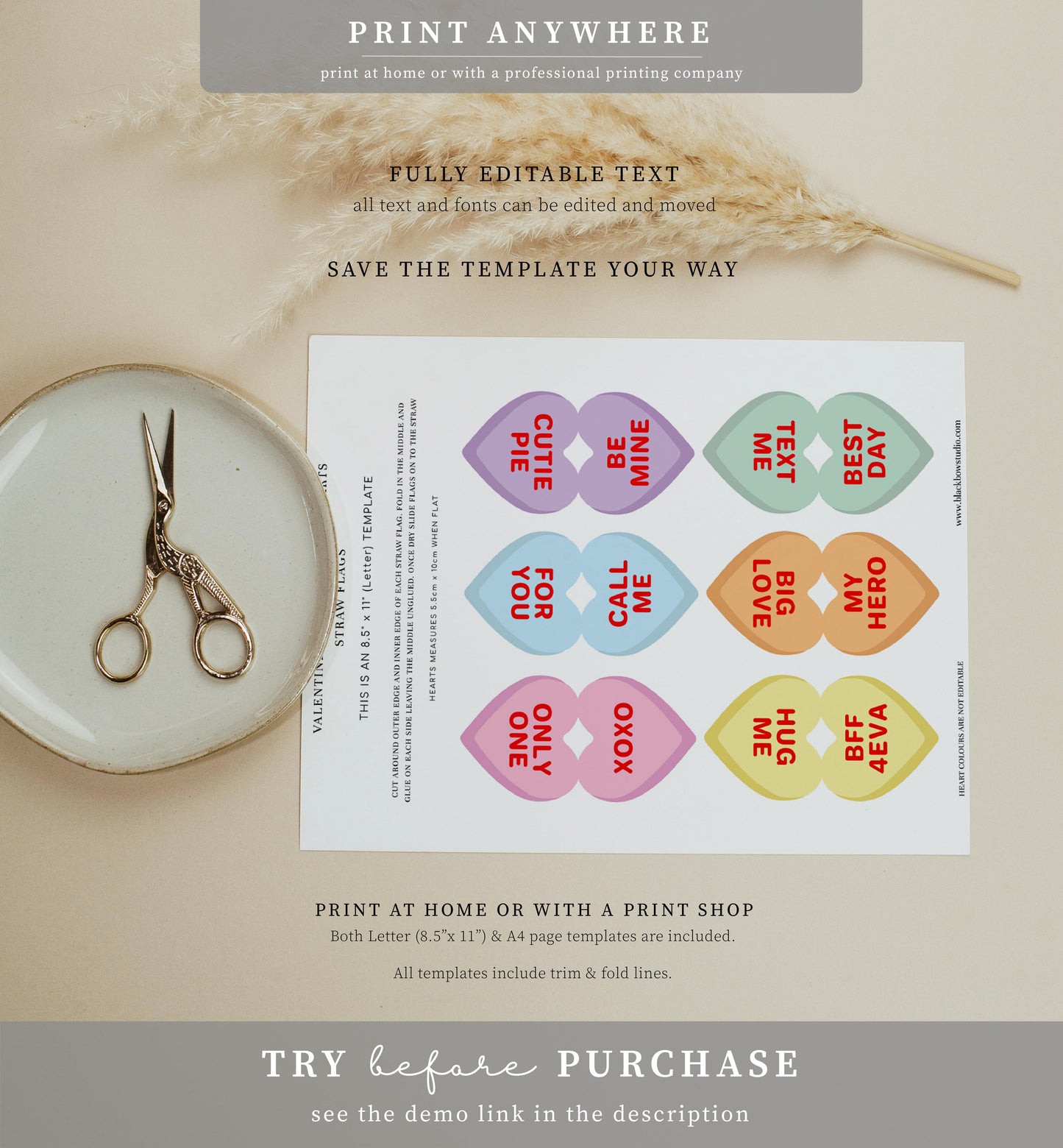Convo Hearts White | Printable Sweetheart Valentine Straw Flags Template