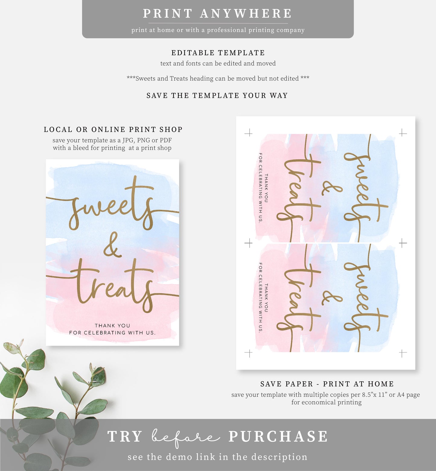 Watercolour Pink Blue | Printable Sweets and Treats Favour Sign