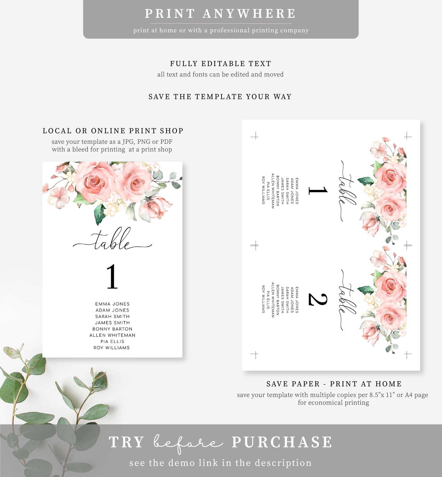 Darcy Floral Pink | Printable Table Numbers Template