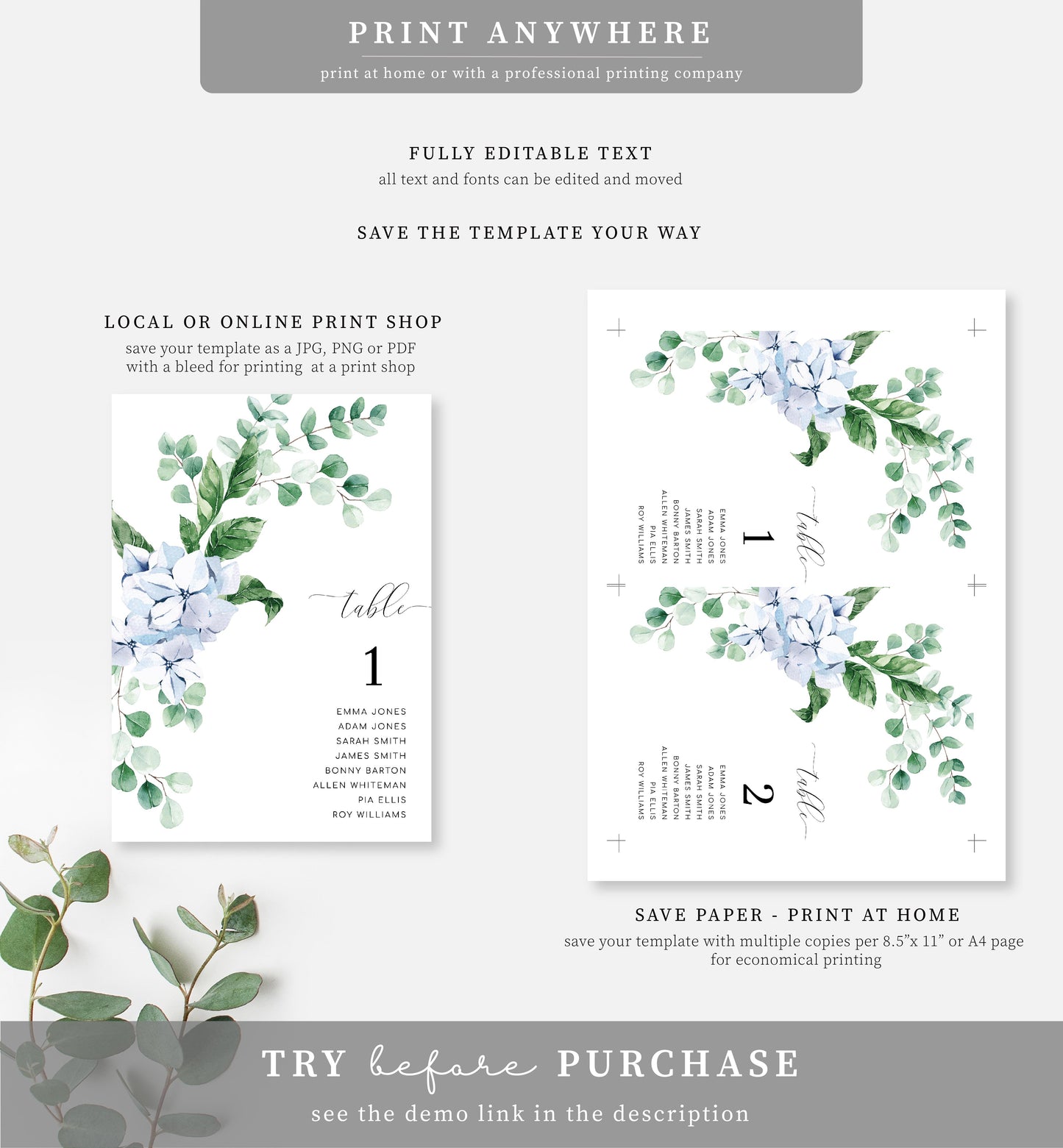 Ferras Blossom Blue | Printable Table Numbers Template