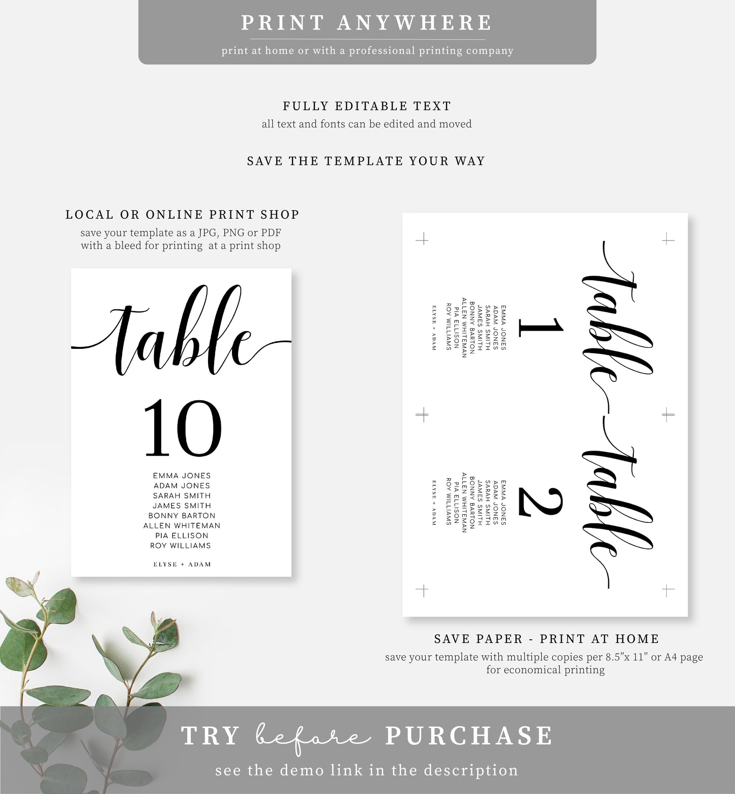 Leyton Script White | Printable Table Numbers Template