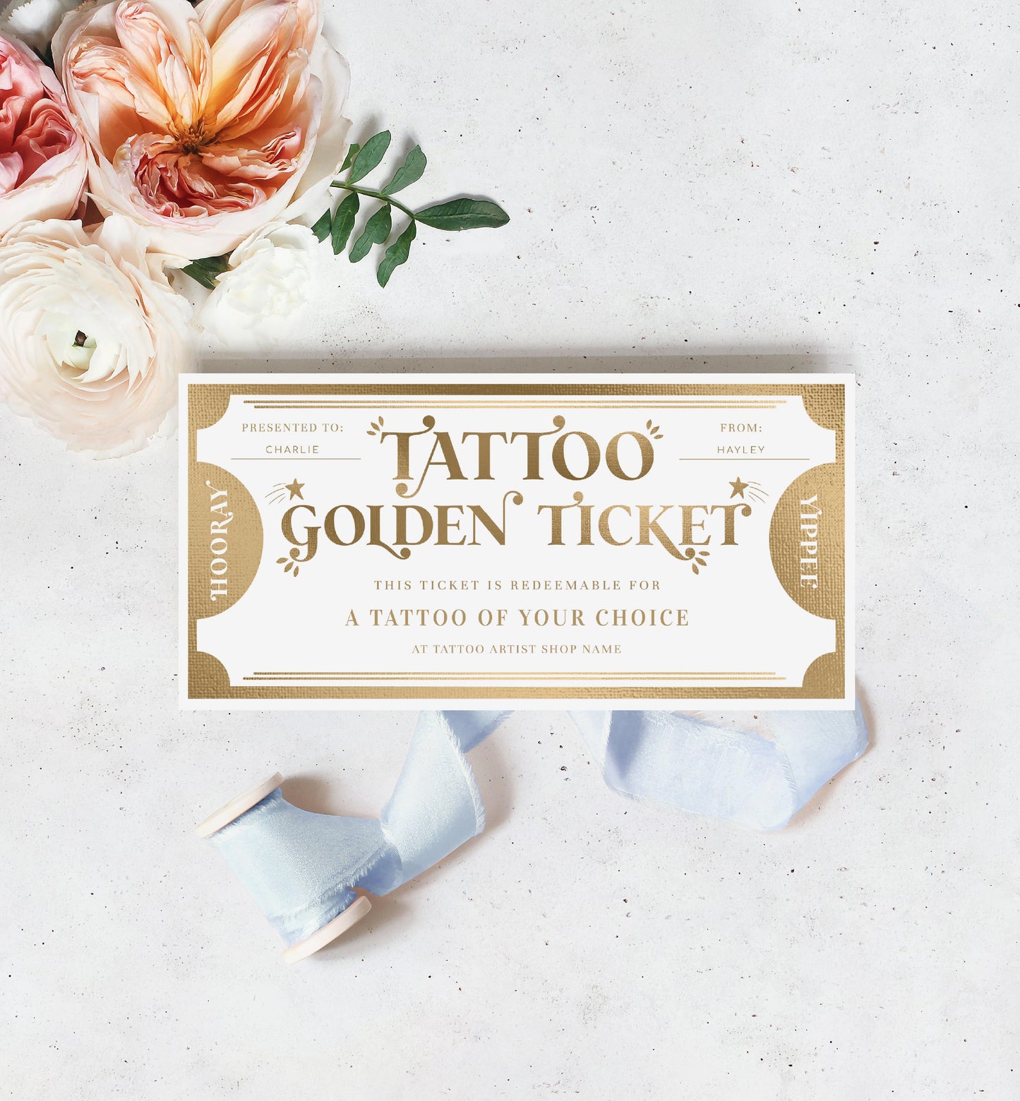 Golden Ticket Gold | Printable Tattoo Custom Gift Voucher Template