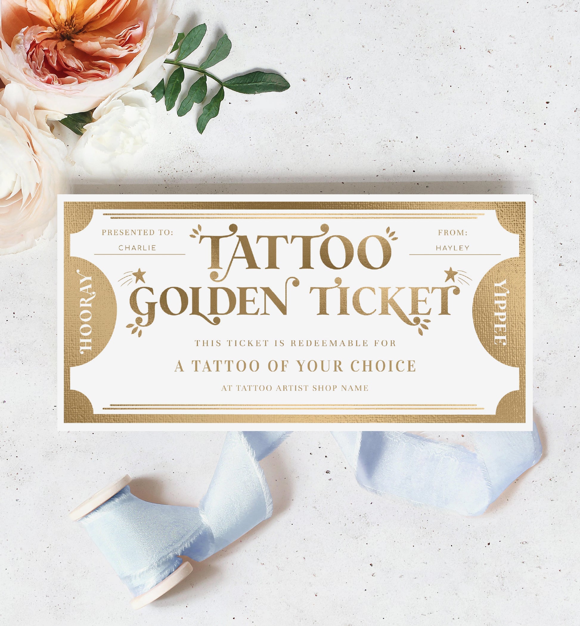 Golden Ticket Gold | Printable Tattoo Custom Gift Voucher Template – Black Bow Studio golden-ticket-gold-printable-tattoo-custom-gift-voucher-template-black-bow-studio