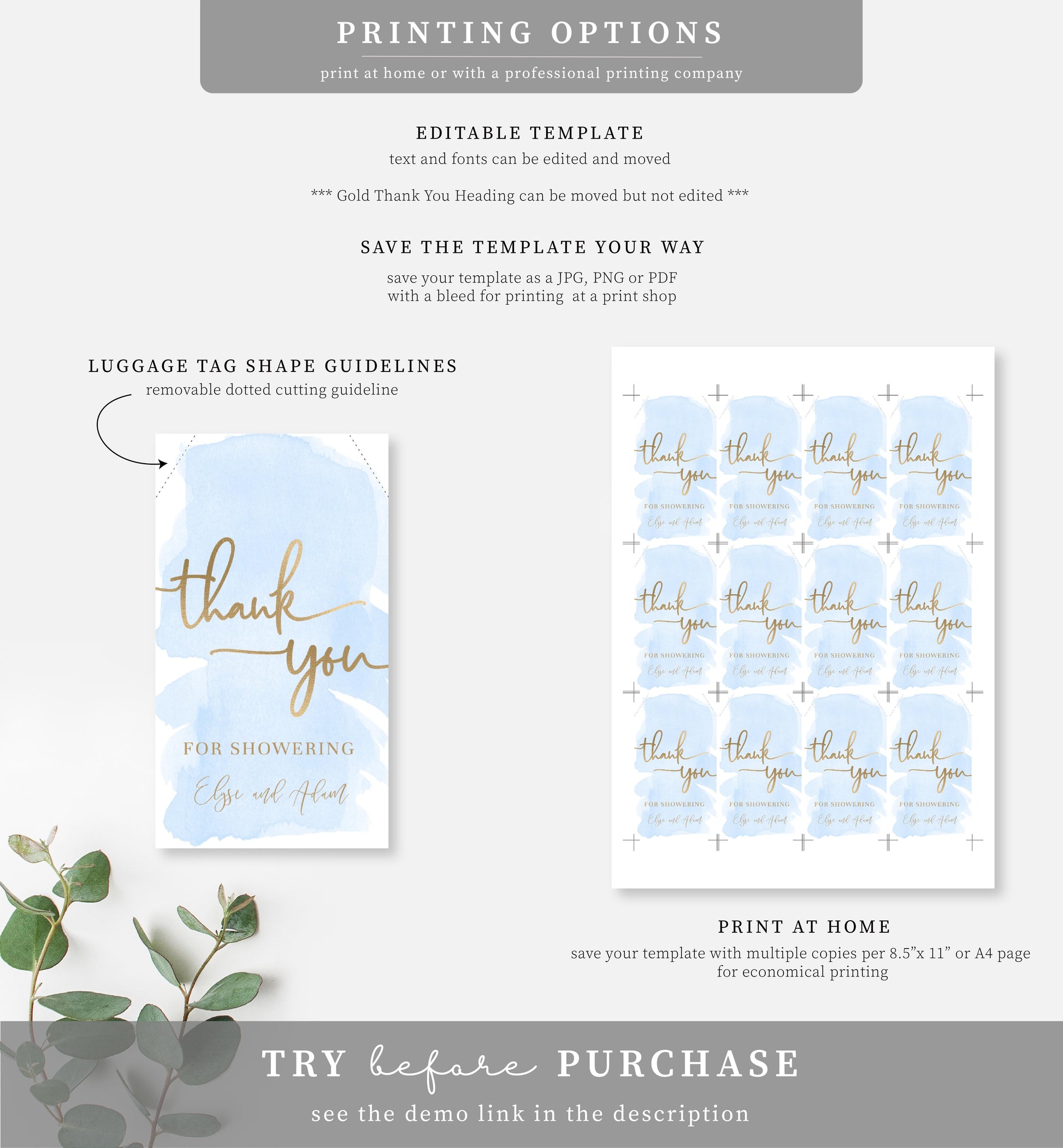 Watercolour Blue | Printable Thank You Favour Tags - Black Bow Studio