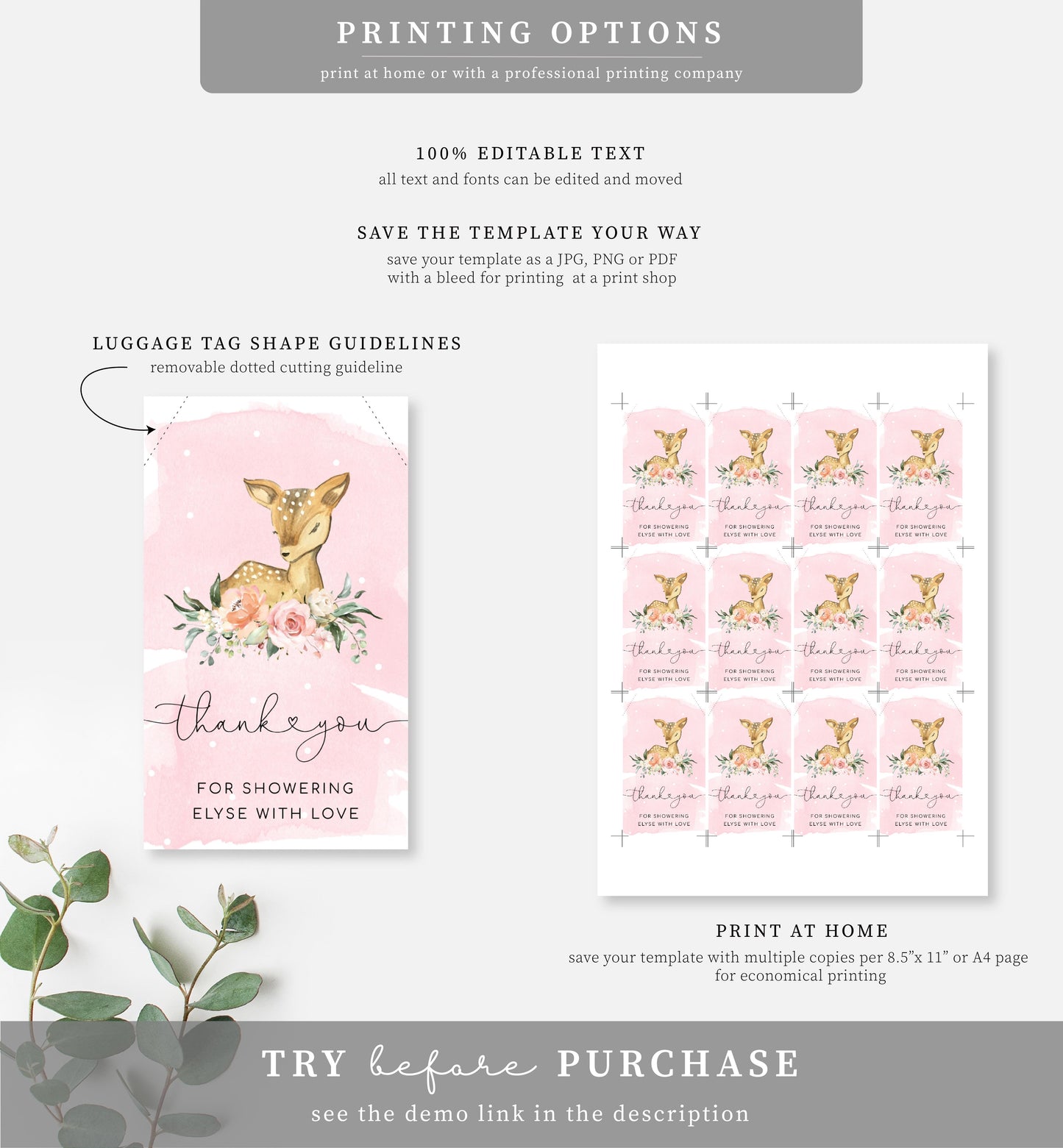 Oh Deer Pink | Printable Favour Tags - Black Bow Studio