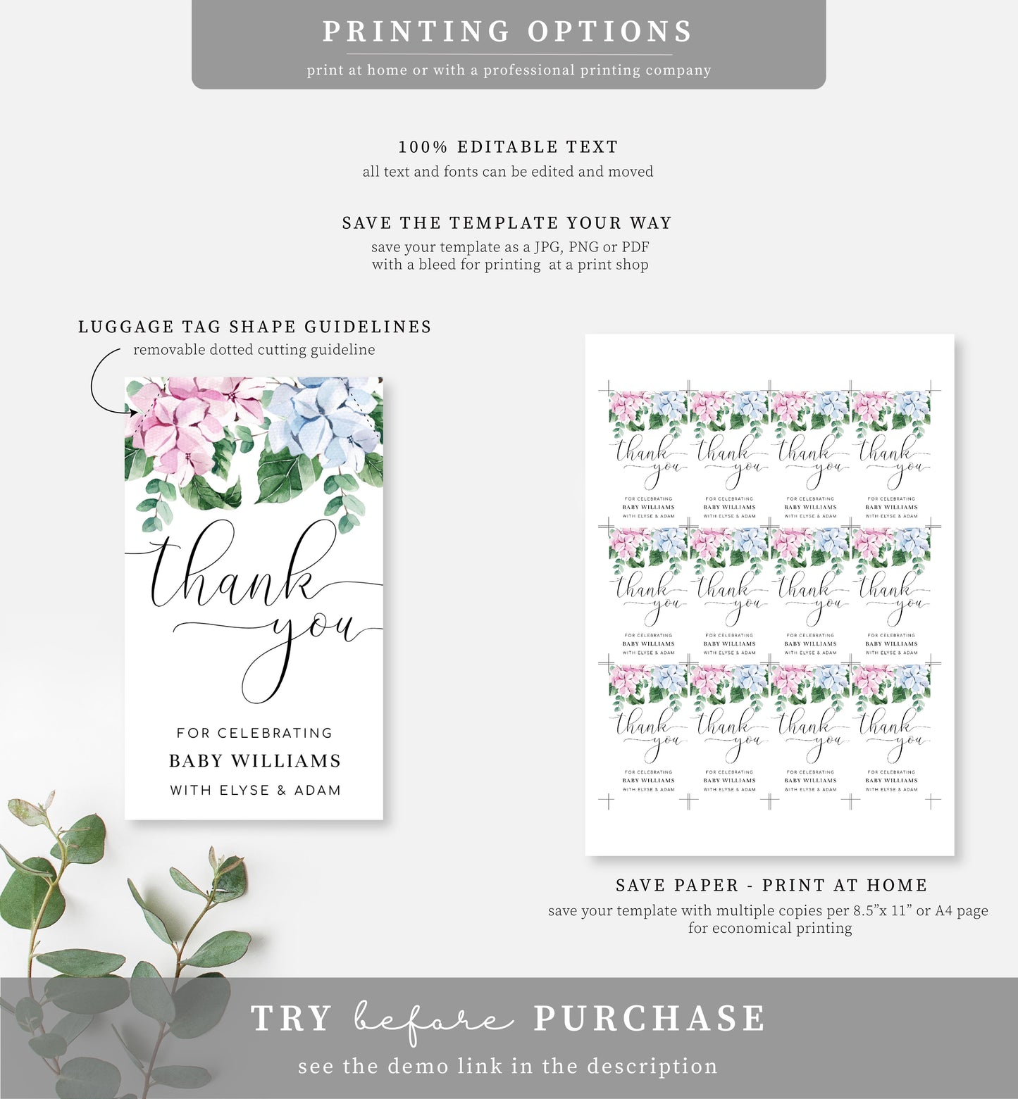 Ferras Blossom Pink Blue | Printable Thank You Favour Tags Template