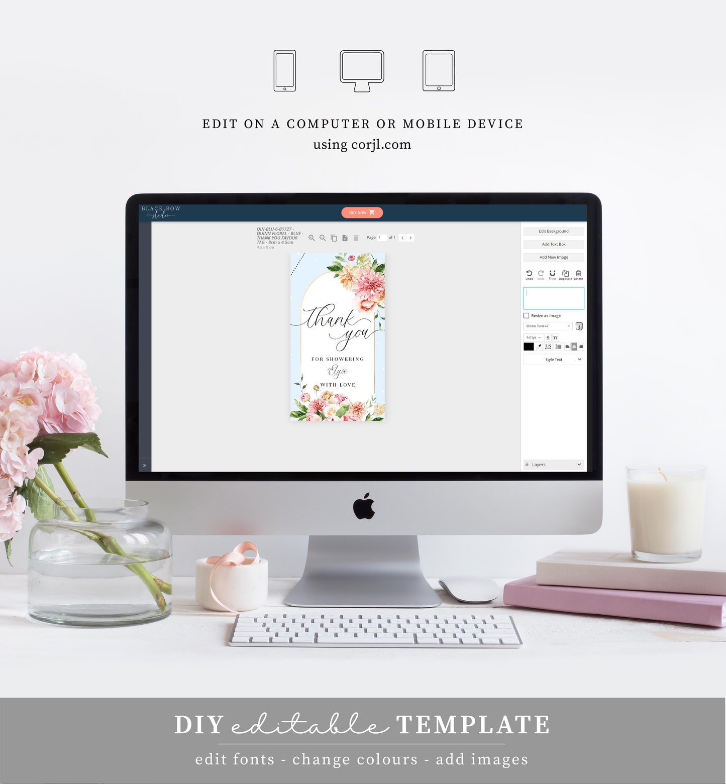 Quinn Floral Blue | Printable Favour Tags