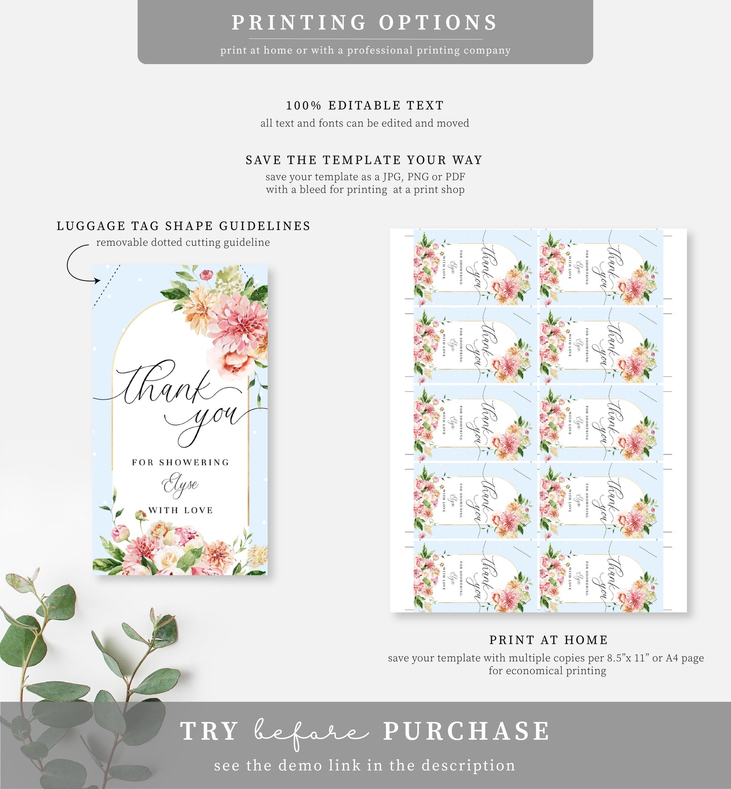 Quinn Floral Blue | Printable Favour Tags