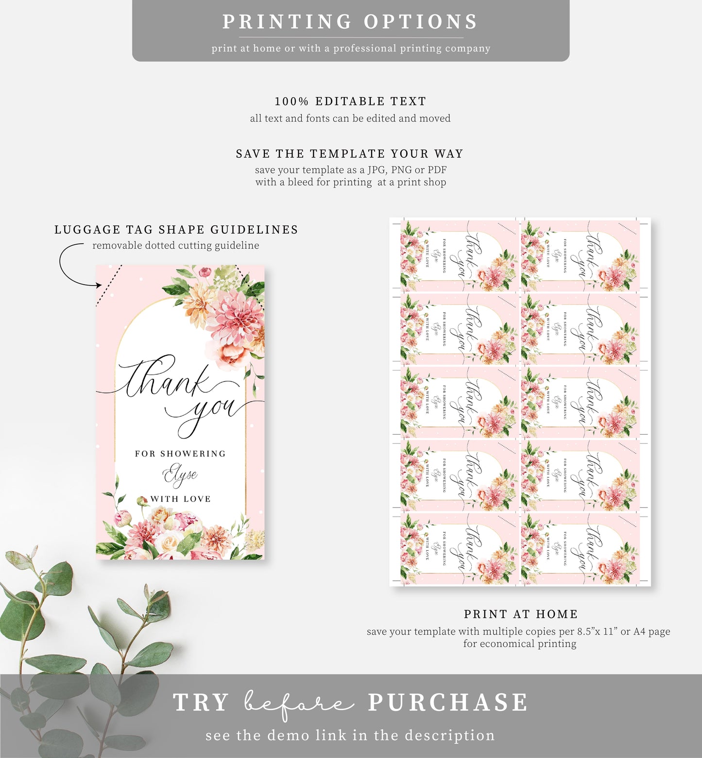 Quinn Floral Pink | Printable Favour Tags