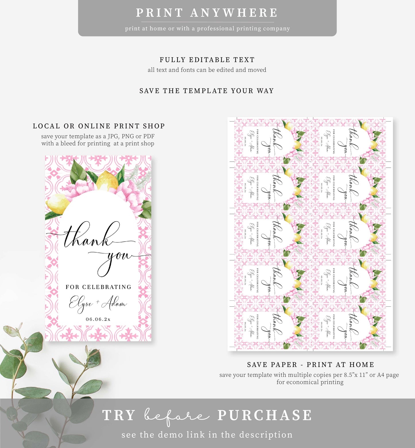 The Med Arch Pink Lemons | Printable Favour Tag Template