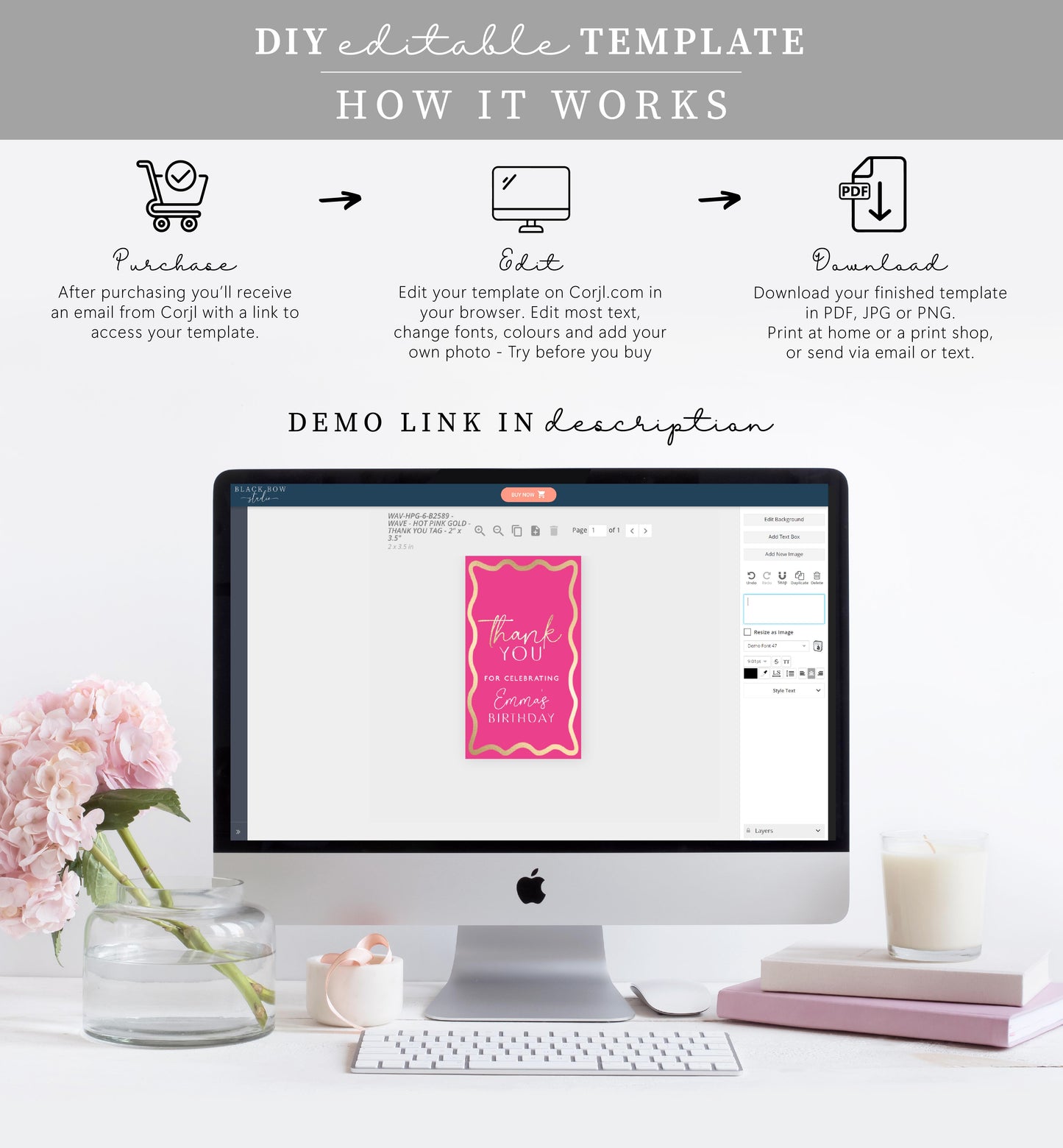 Wave Hot Pink Gold | Printable Thank You Favour Tag Template