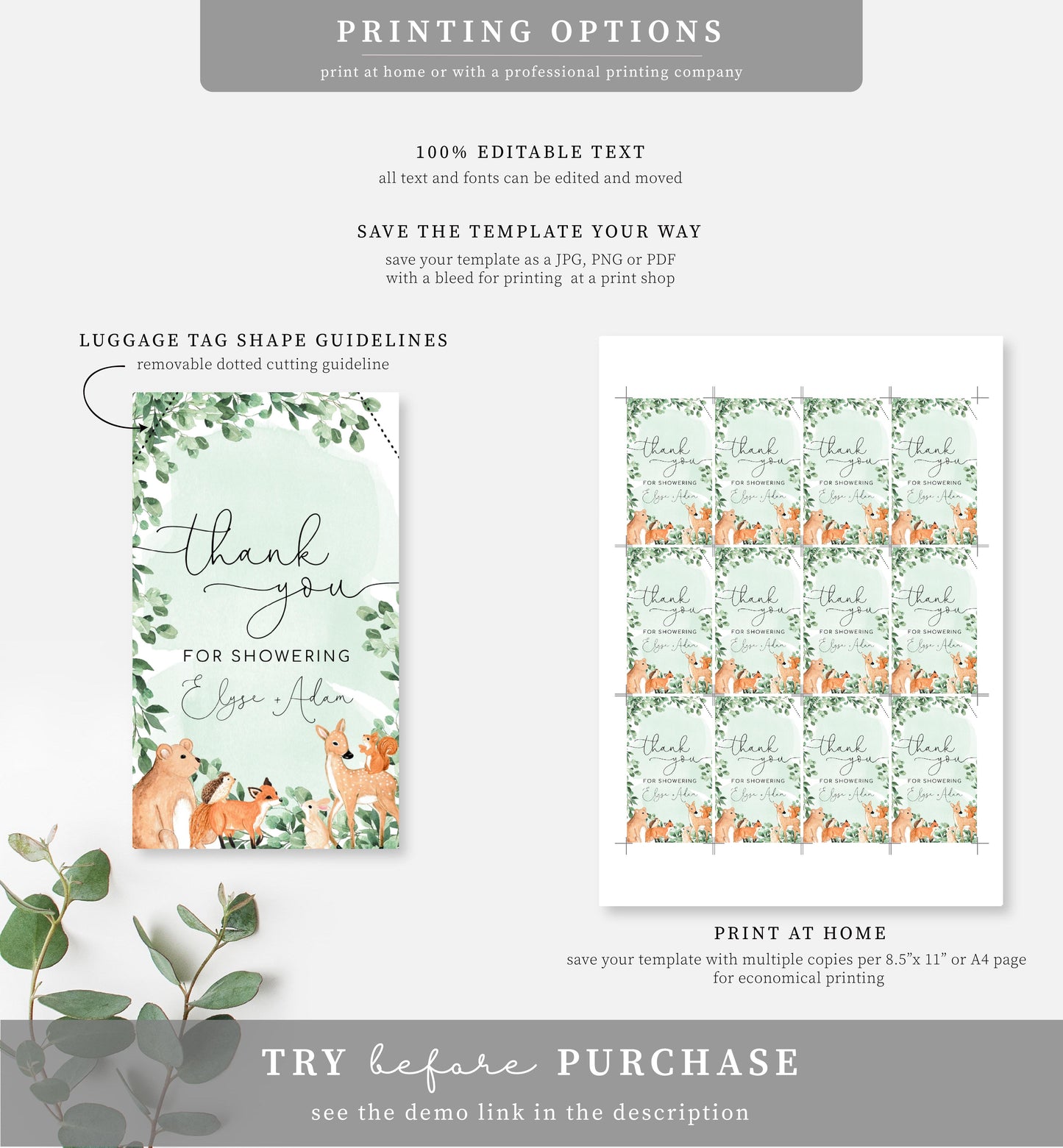 Woodland Animals Green | Printable Thank You Favour Tags