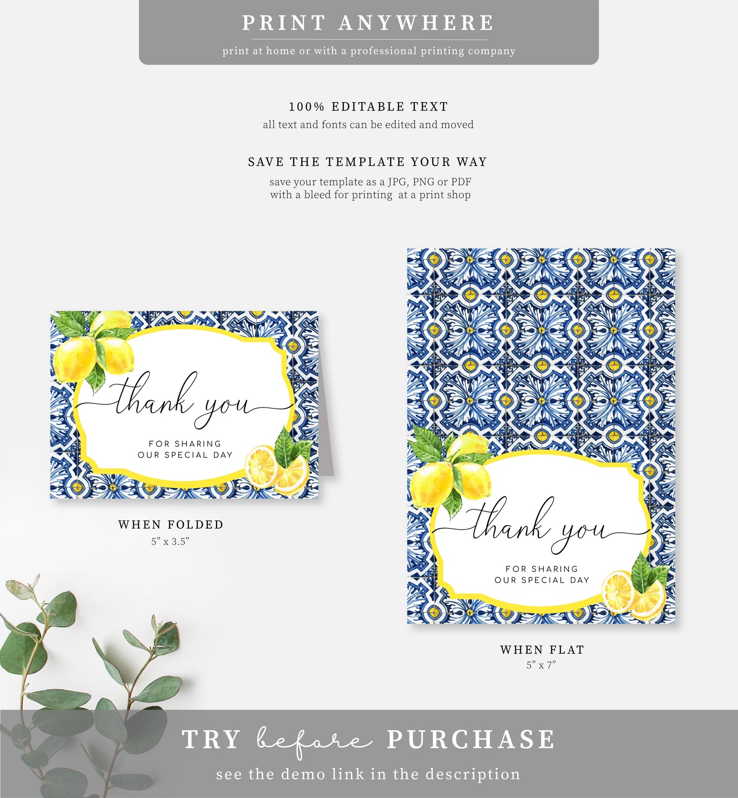 Positano Lemons | Printable Thank You Card Template
